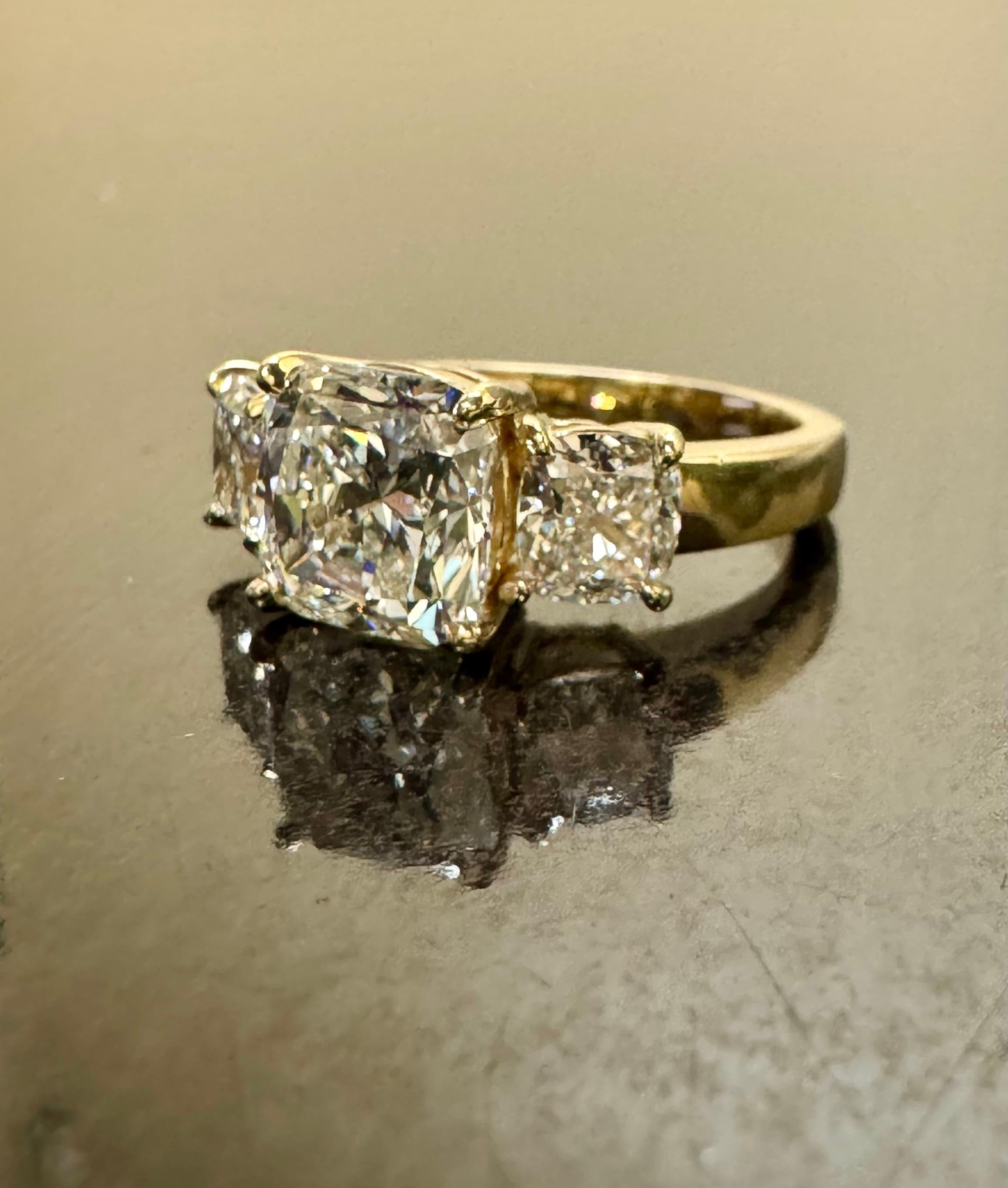 18K Yellow Gold Three Stone  4.84 Carat GIA Cushion Cut Diamond Engagement Ring For Sale 9