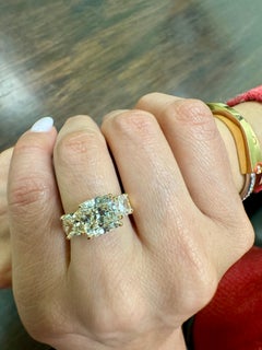 18K Yellow Gold Three Stone  4.84 Carat GIA Cushion Cut Diamond Engagement Ring