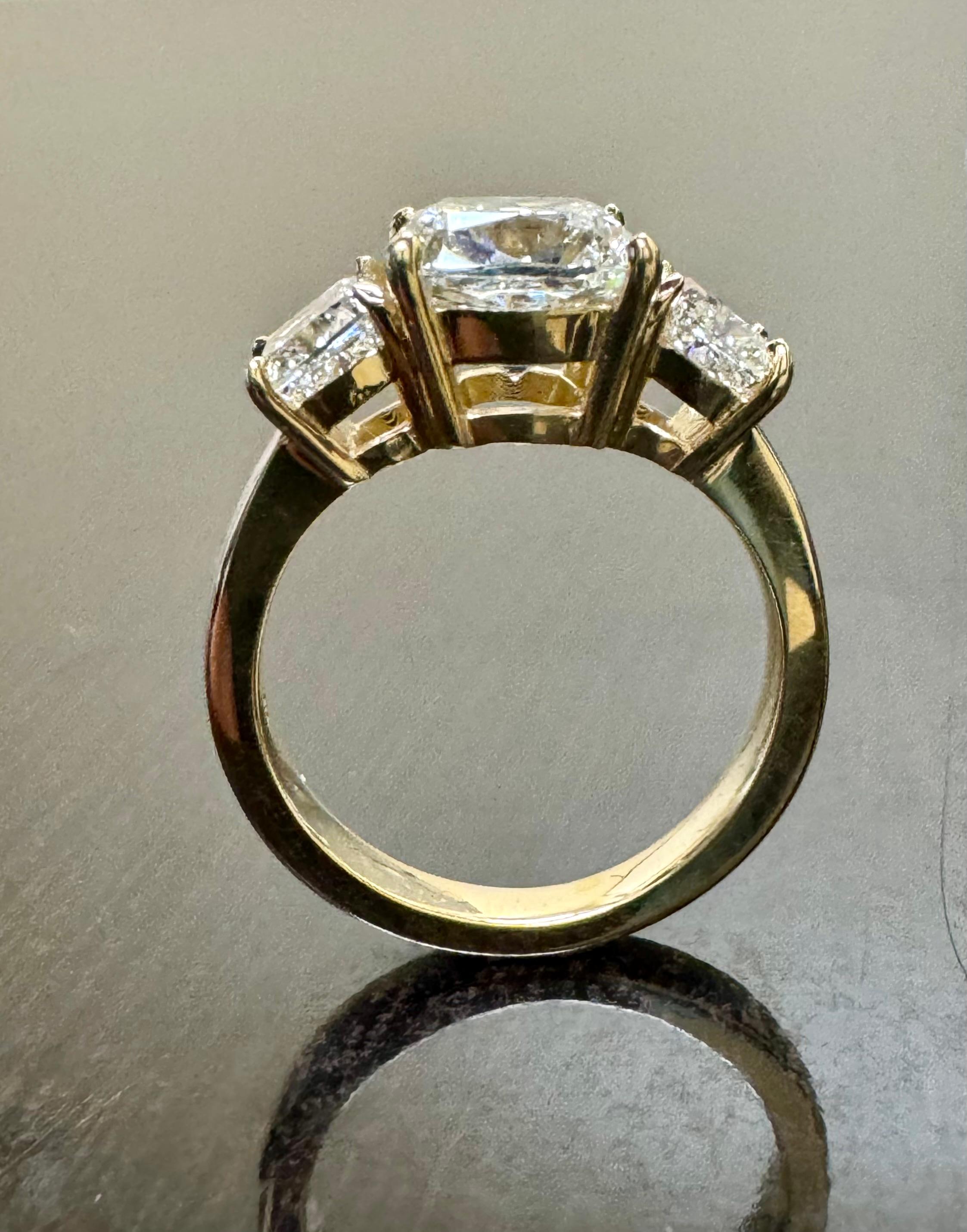 18K Yellow Gold Three Stone  4.84 Carat GIA Cushion Cut Diamond Engagement Ring For Sale 1