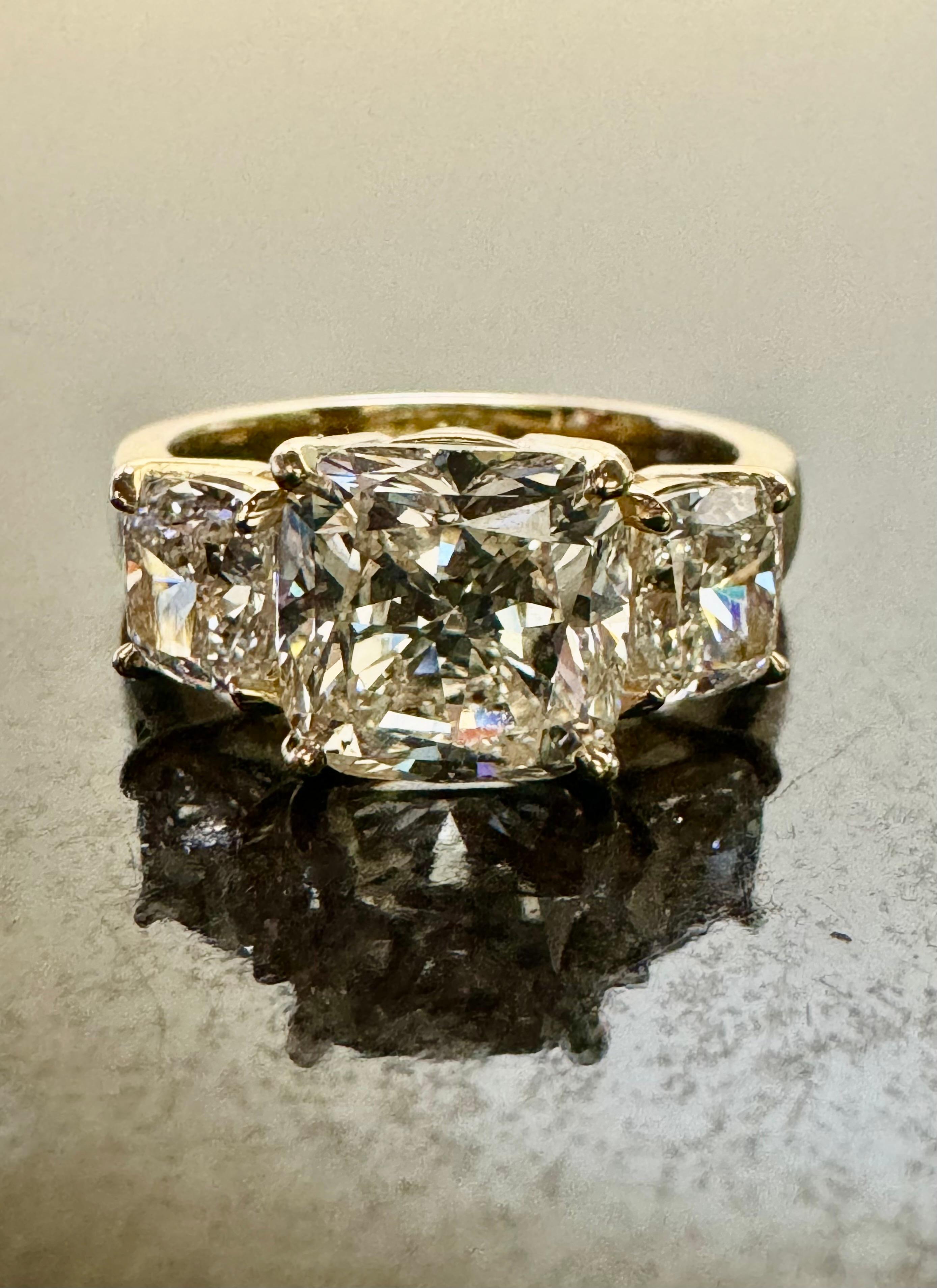 18K Yellow Gold Three Stone  4.84 Carat GIA Cushion Cut Diamond Engagement Ring For Sale 2