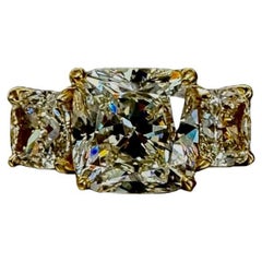 18K Yellow Gold Three Stone  4.84 Carat GIA Cushion Cut Diamond Engagement Ring