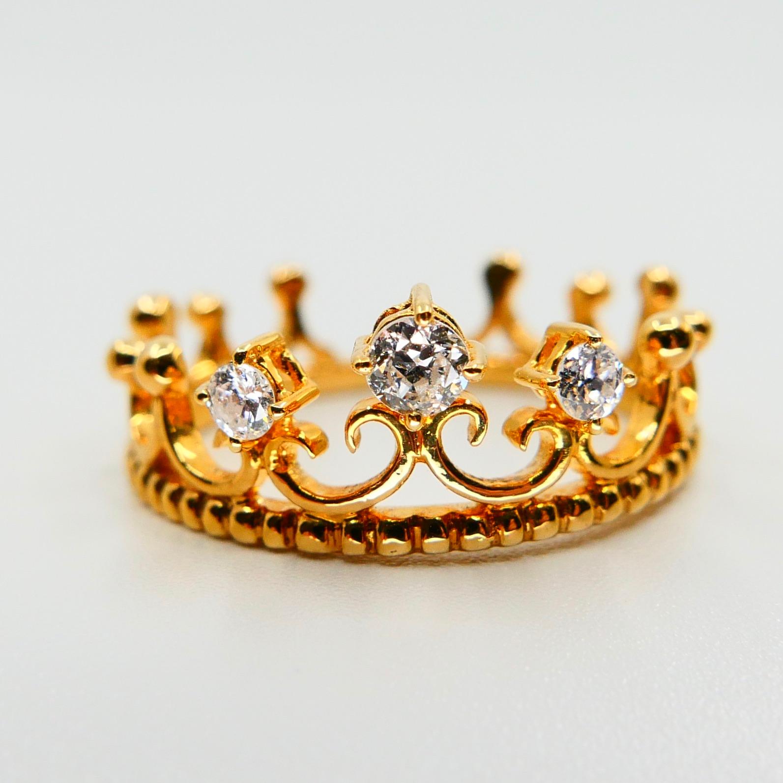 Women's 18 Karat Gold Three-Stone Crown Ring with Old Mine Cut Diamonds. 0.22 Carat