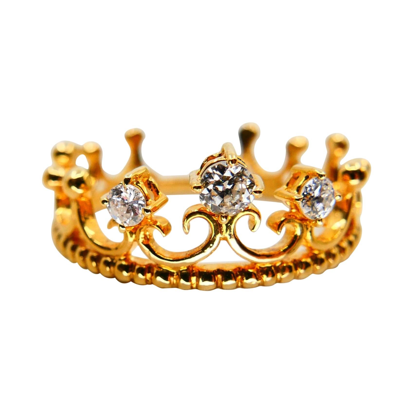 18 Karat Gold Three-Stone Crown Ring with Old Mine Cut Diamonds. 0.22 Carat