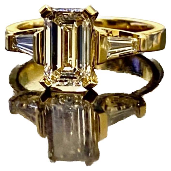 18K Yellow Gold Three Stone GIA Certified Emerald Cut Diamond Engagement Ring For Sale