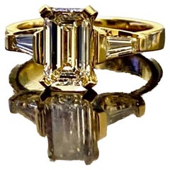 18K Yellow Gold Three Stone GIA Certified Emerald Cut Diamond Engagement Ring