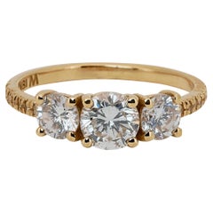 18k Yellow Gold Three Stone Pave Ring w/ 1.49ct Natural Diamonds AIG Certificate