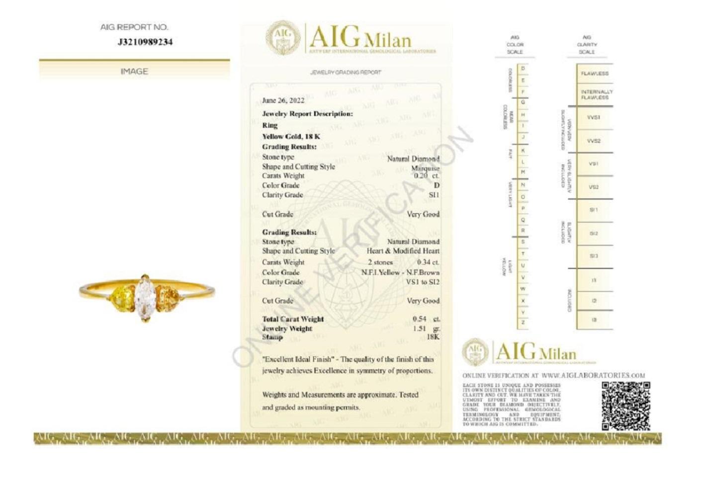 Marquise Cut 18k Yellow Gold Three Stone Ring with 0.54ct Natural Diamonds AIG Certificate