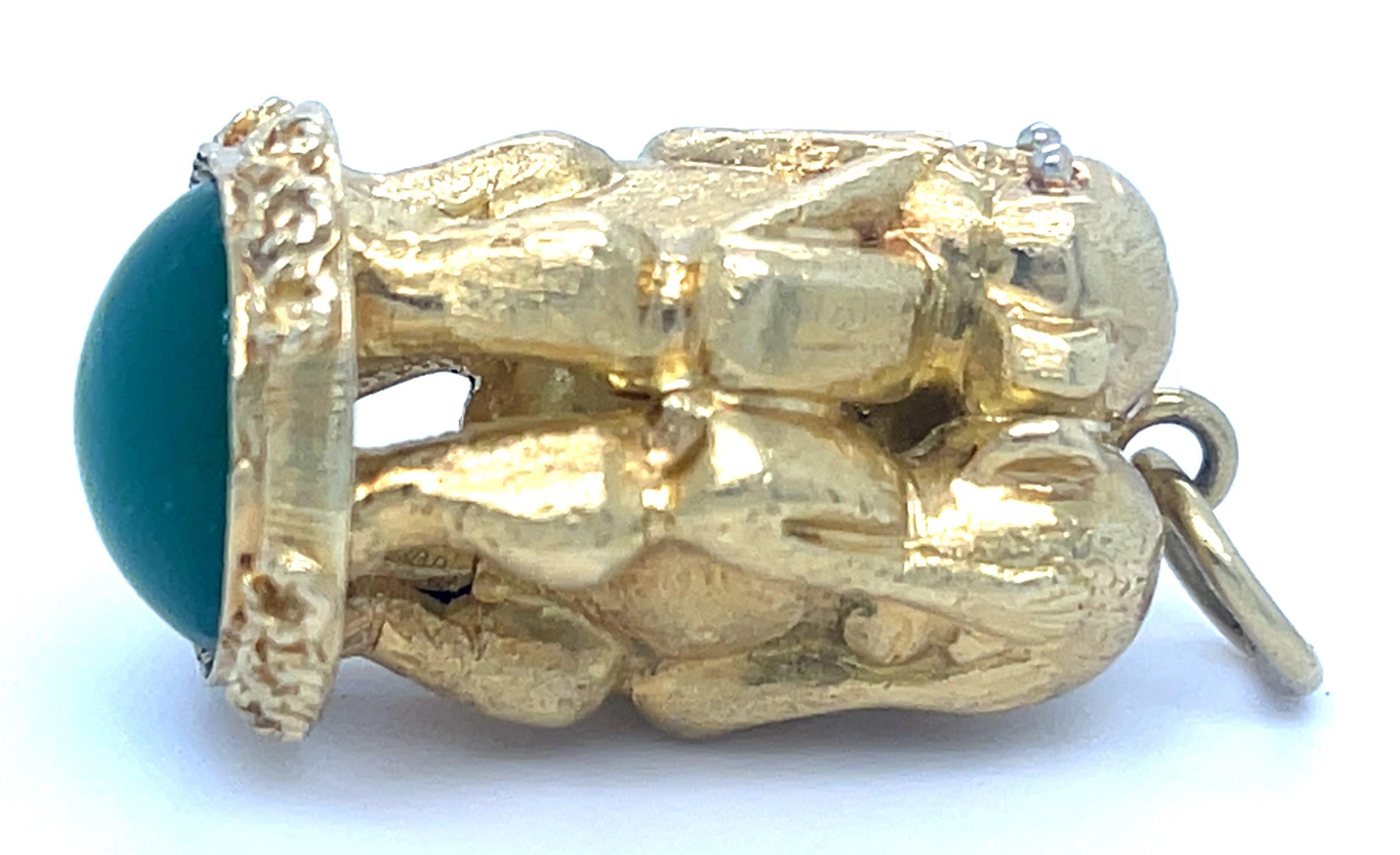 Modern 18k Yellow Gold Three Wise Monkeys Charm Pendant with Jade Cabochon Accent For Sale