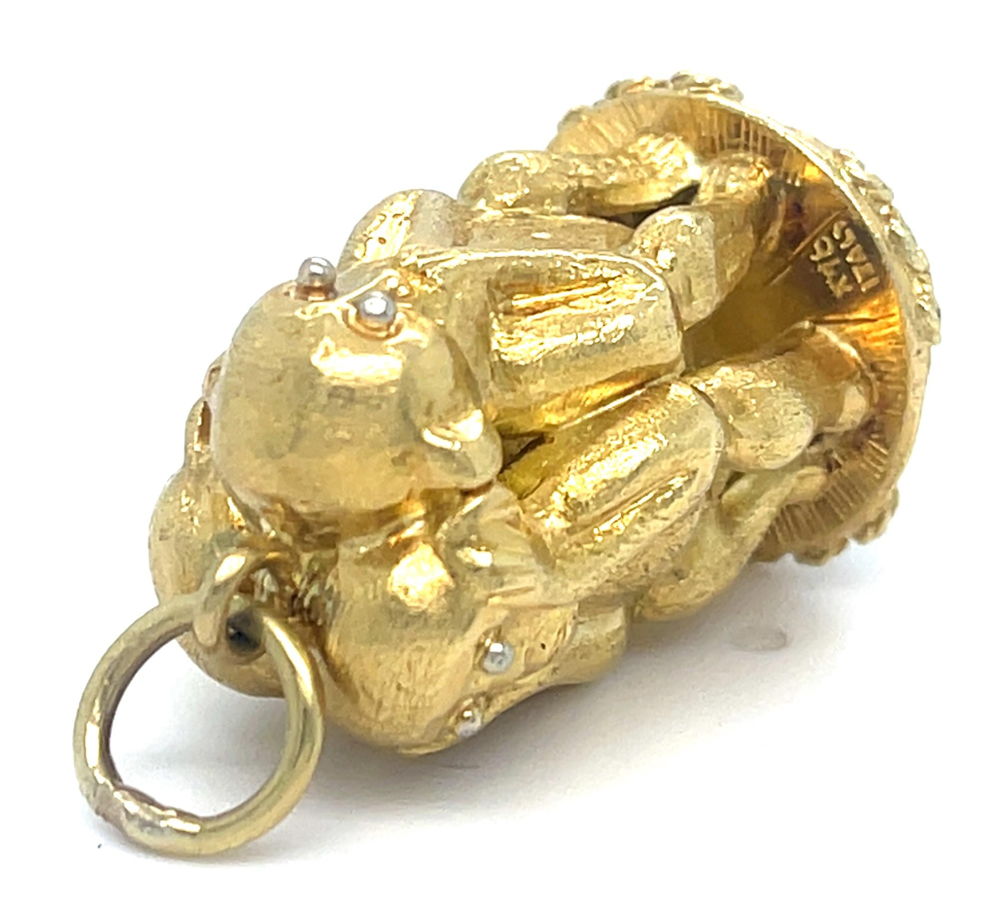 Women's or Men's 18k Yellow Gold Three Wise Monkeys Charm Pendant with Jade Cabochon Accent For Sale