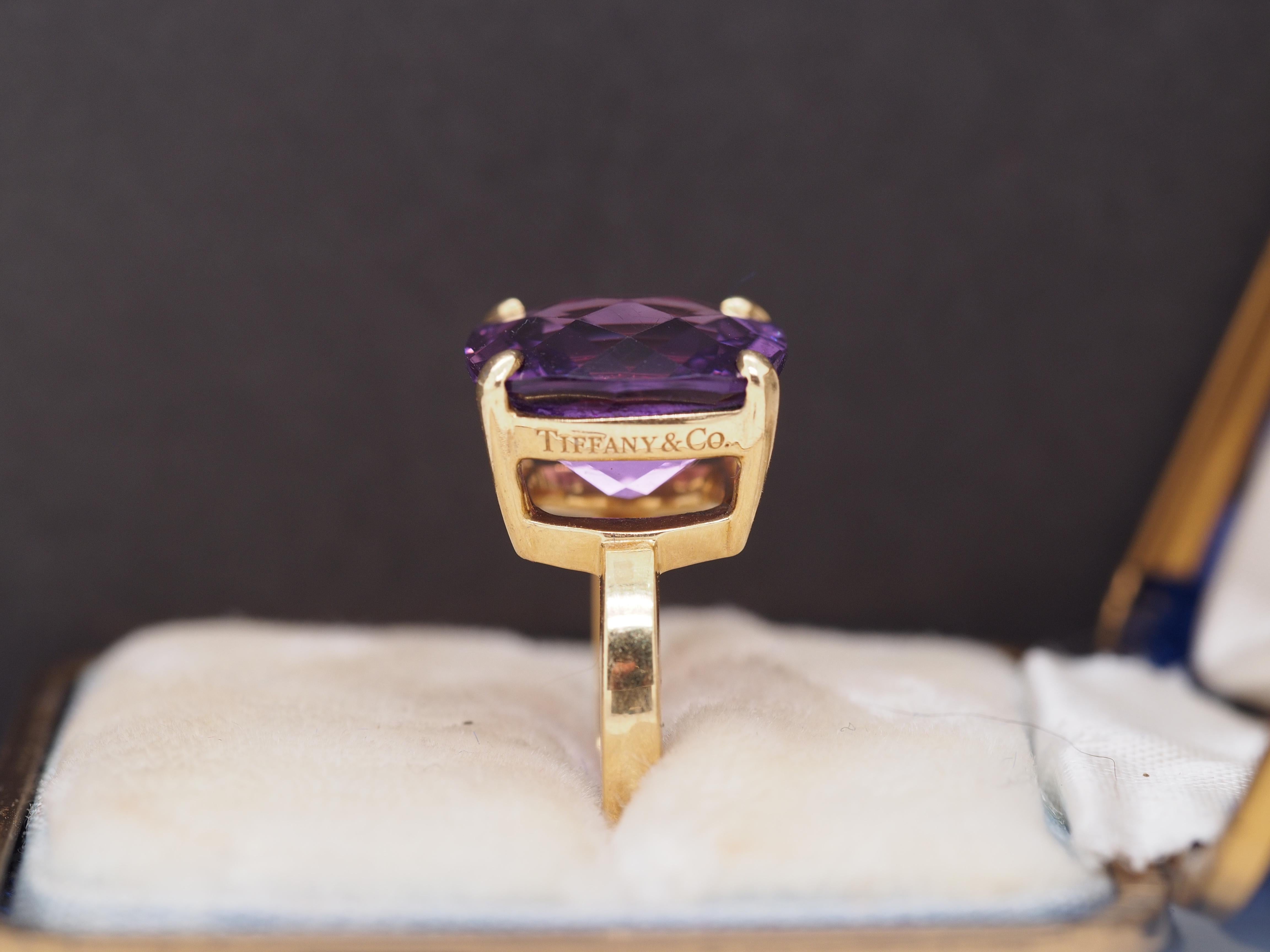 Antique Cushion Cut 18K Yellow Gold Tiffany & Co Amethyst Sparkler Ring For Sale