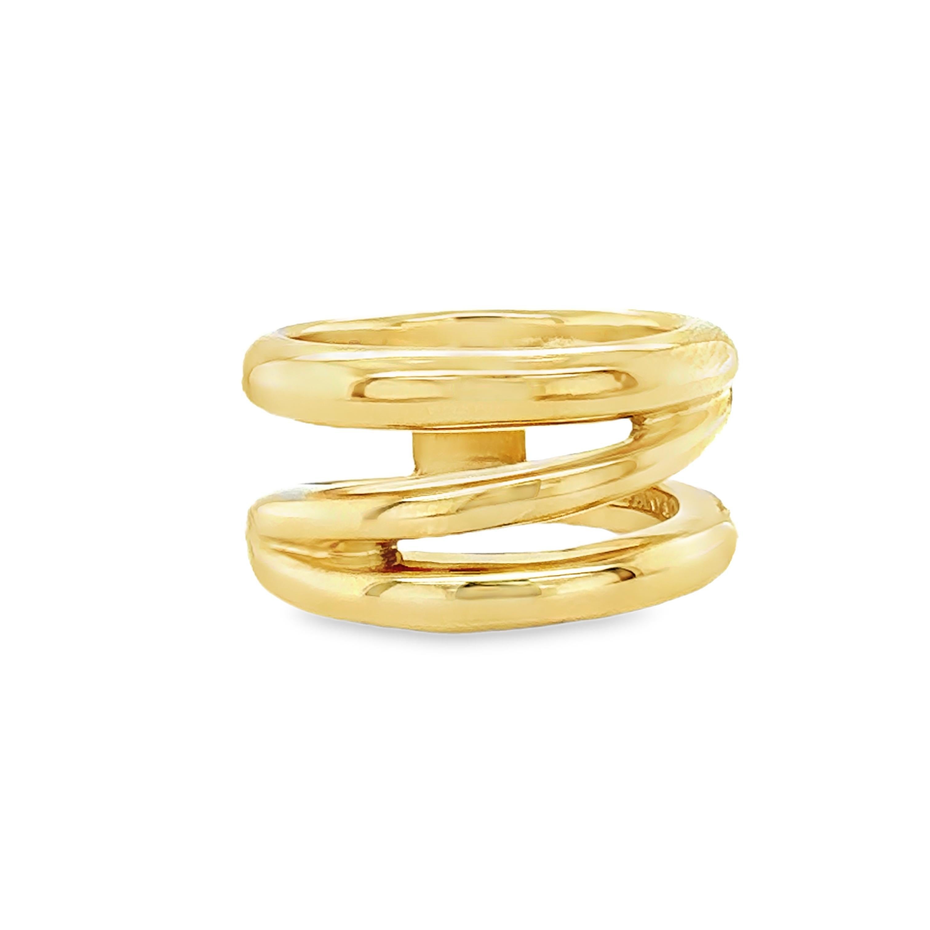 Dieser raffinierte Ring aus 18-karätigem Gelbgold von Tiffany & Co. zeichnet sich durch ein elegantes, ineinandergreifendes Design aus zwei Bändern aus und verkörpert die zeitlose Handwerkskunst und den raffinierten Stil der Marke. Mit einer Breite