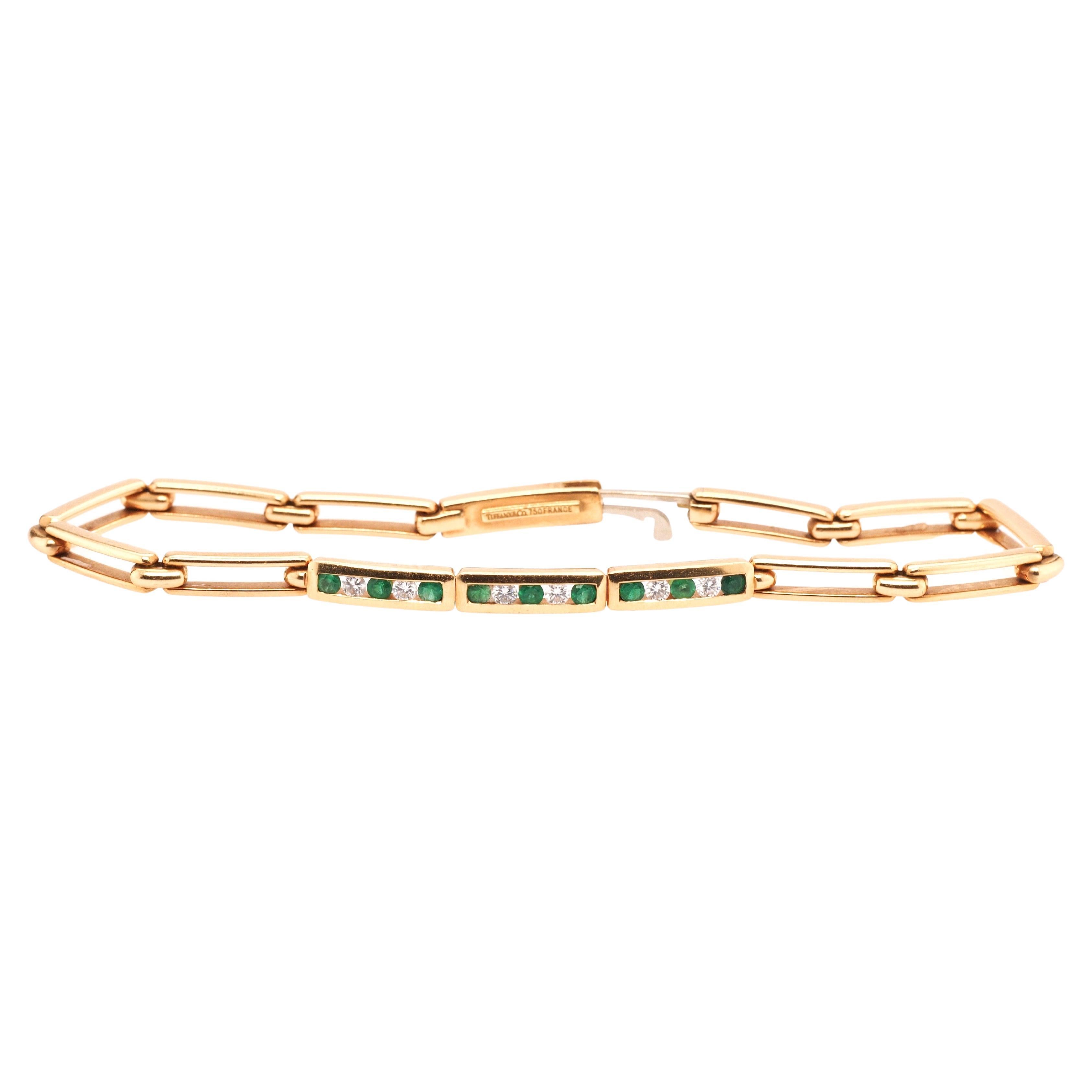 18K Yellow Gold Tiffany & Co Diamond and Emerald Bracelet For Sale