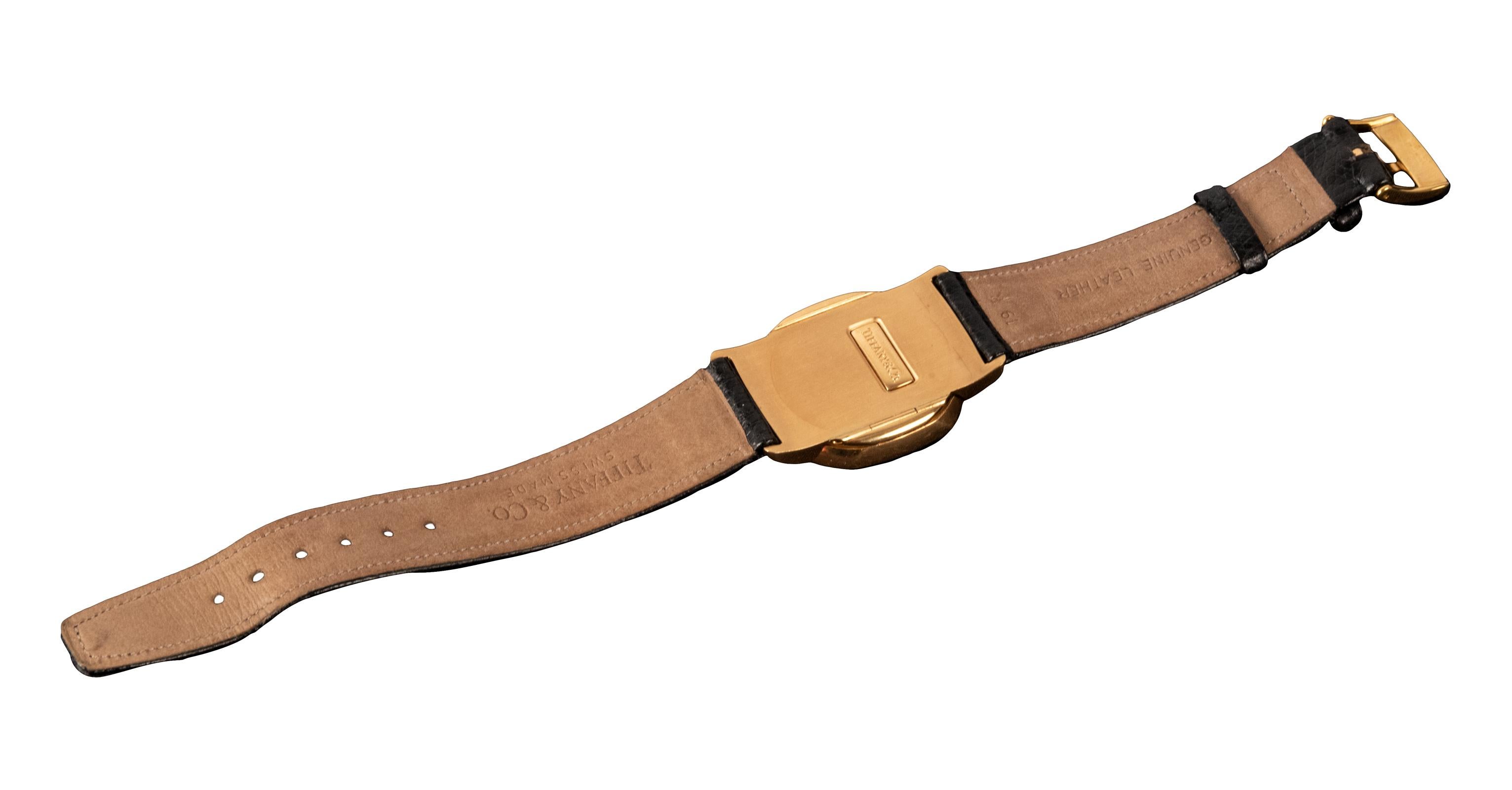 American 18-Karat Yellow Gold Tiffany & Co. Dual-Time Tonneau-Shaped Wristwatch For Sale