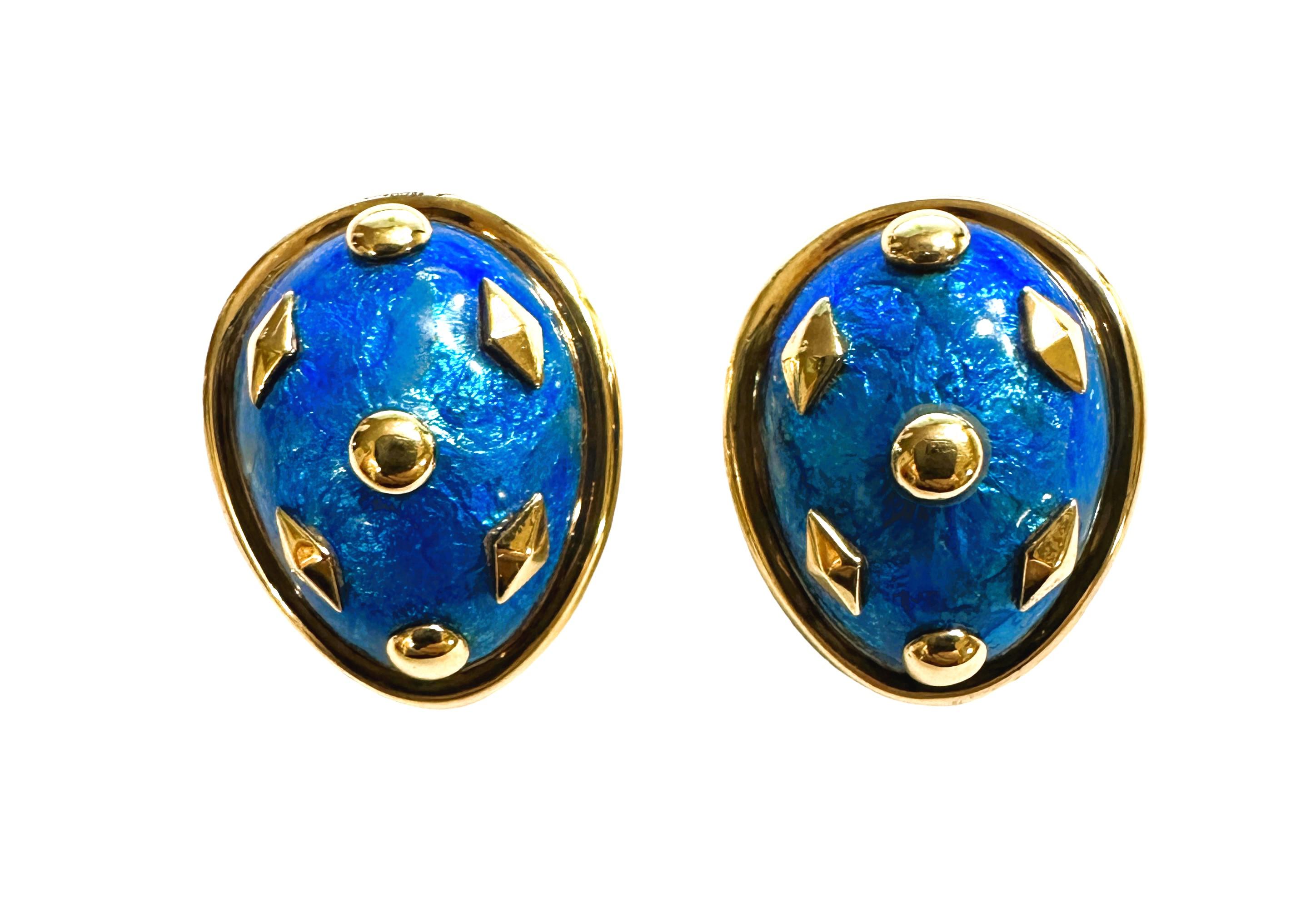 18K Yellow Gold Tiffany & Co. Schlumberger Blue Enamel Dot Lozenge Earrings