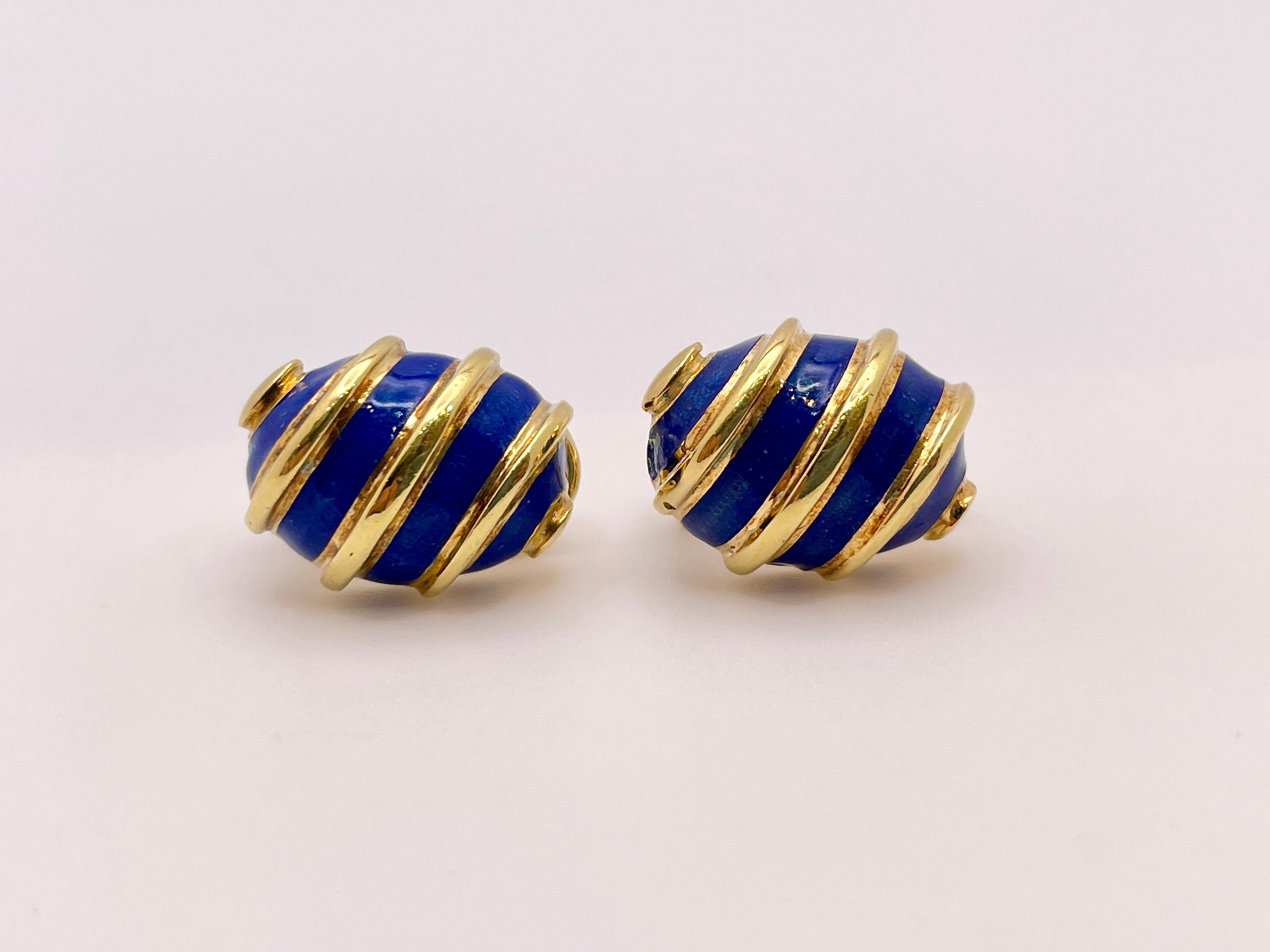 18K Yellow Gold Tiffany & Co. Schlumberger Blue Enamel Earrings For Sale 2