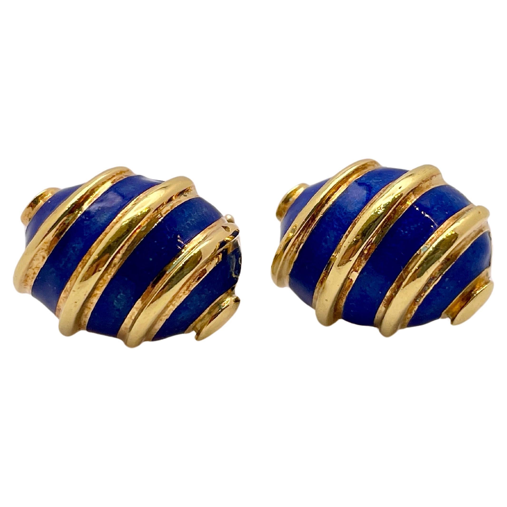 18K Yellow Gold Tiffany & Co. Schlumberger Blue Enamel Earrings For Sale
