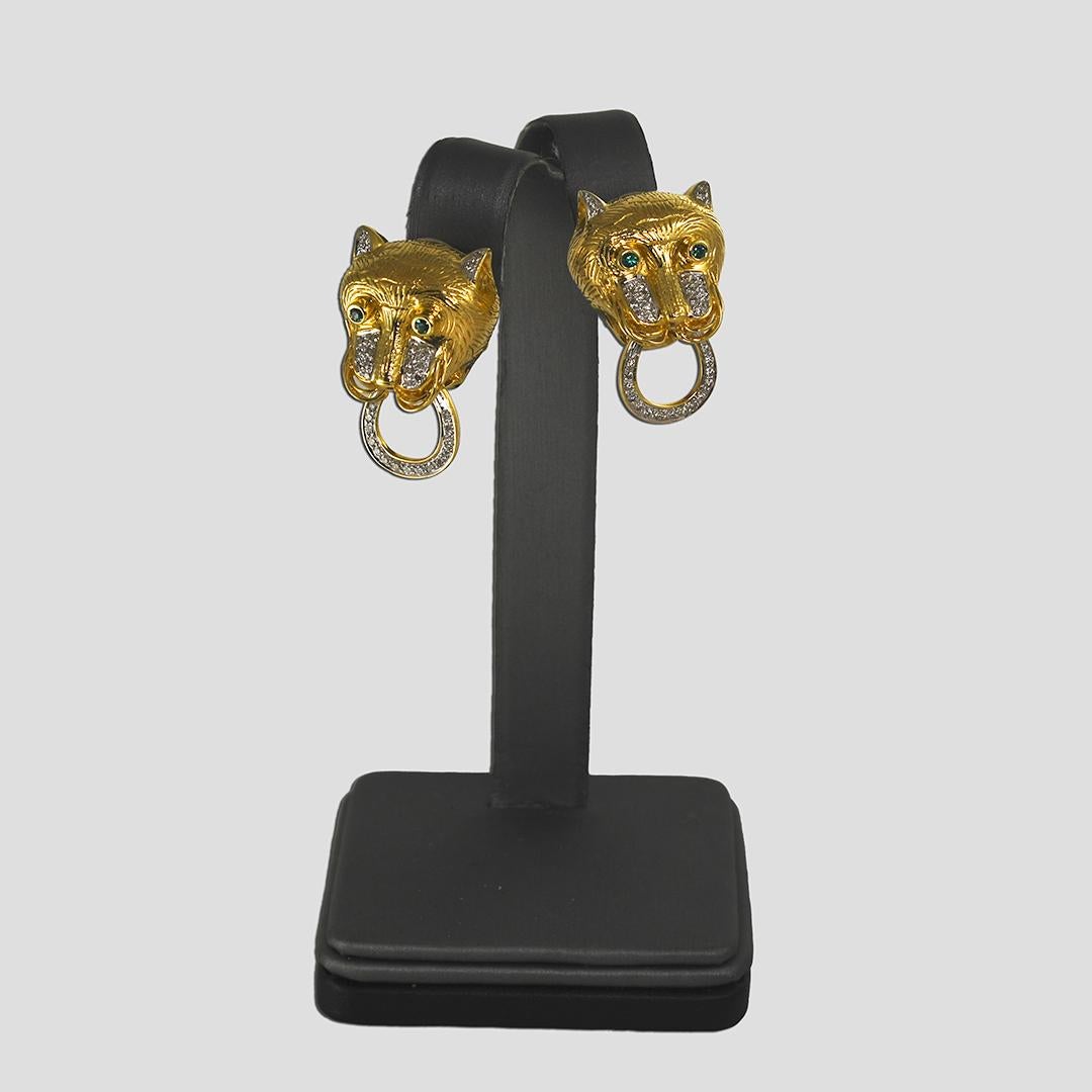 Women's or Men's 18K Yellow Gold Tiger Diamond Earrings For Sale