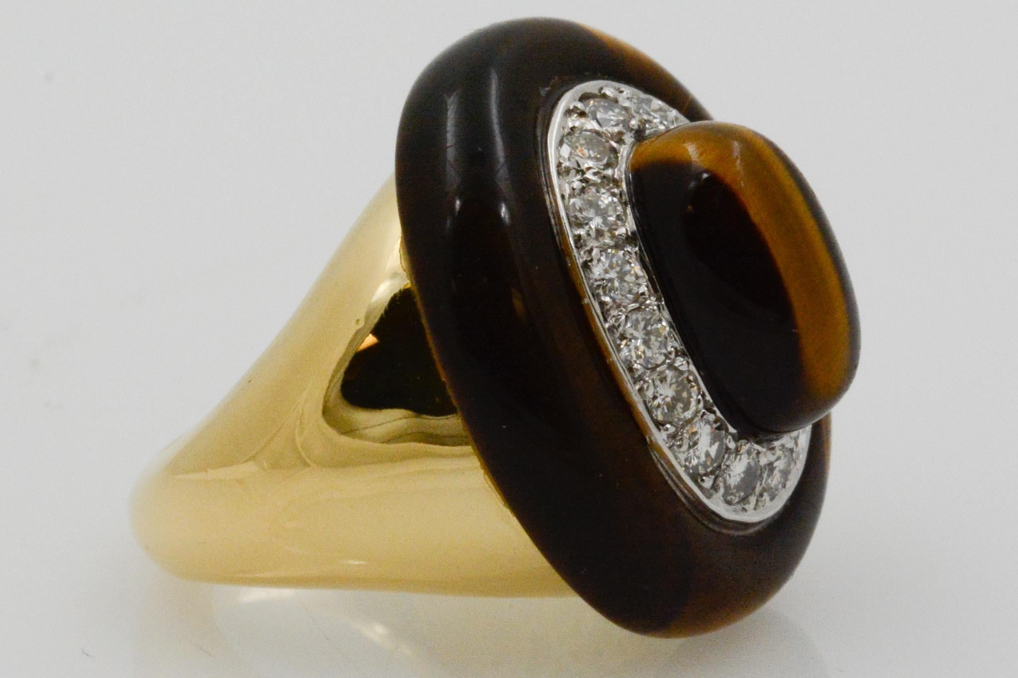 Women's or Men's 18 Karat Yellow Gold Tiger Eye and Diamond Ring