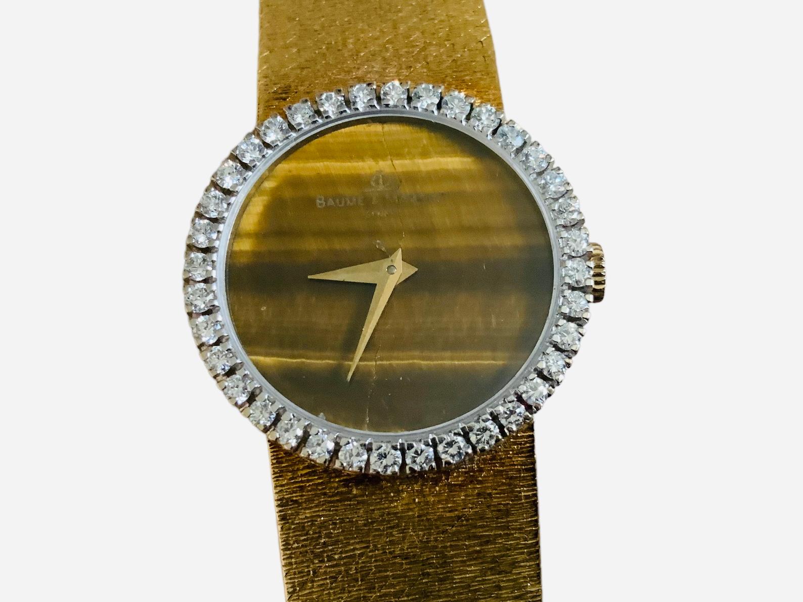 18K Yellow Gold Tiger Eye Baume & Mercier Women Wrist Watch For Sale 5