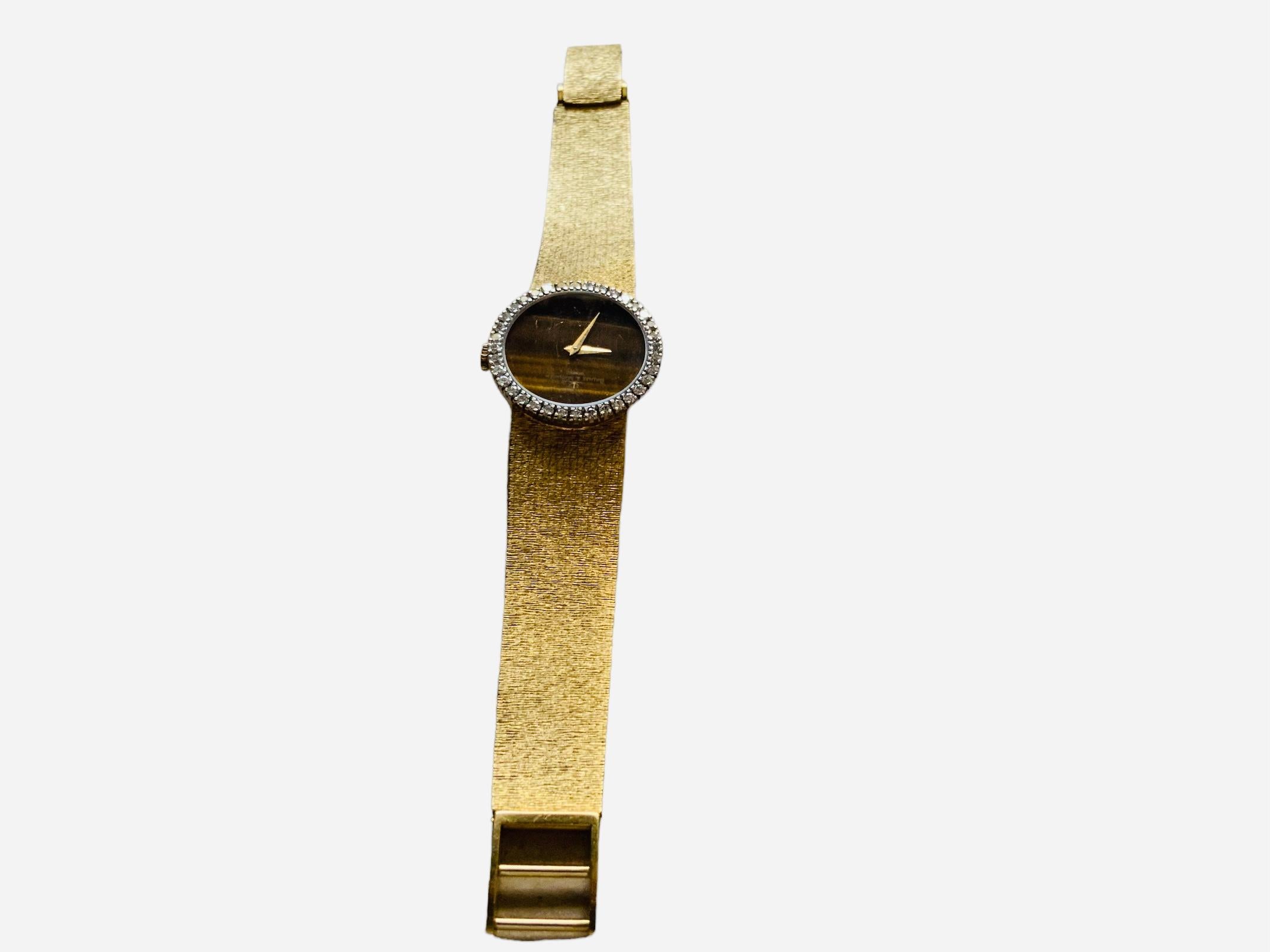 Brilliant Cut 18K Yellow Gold Tiger Eye Baume & Mercier Women Wrist Watch For Sale