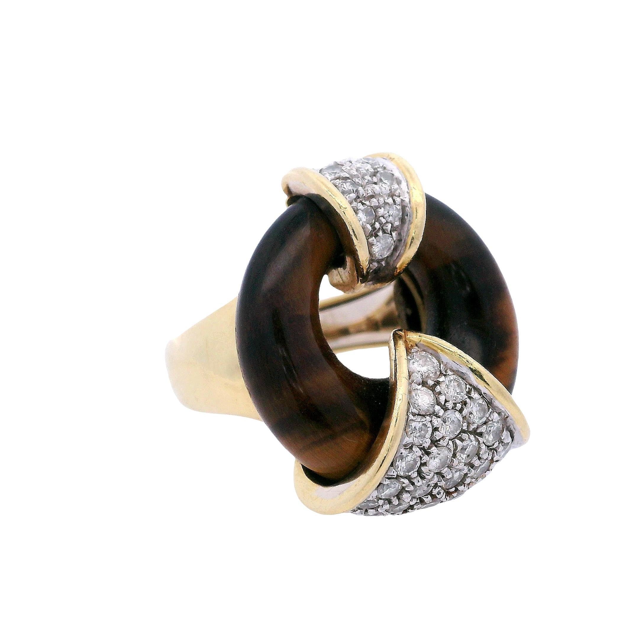 Anillo de Ojo de Tigre y Diamante en Oro Amarillo de 18 K Corte brillante en venta