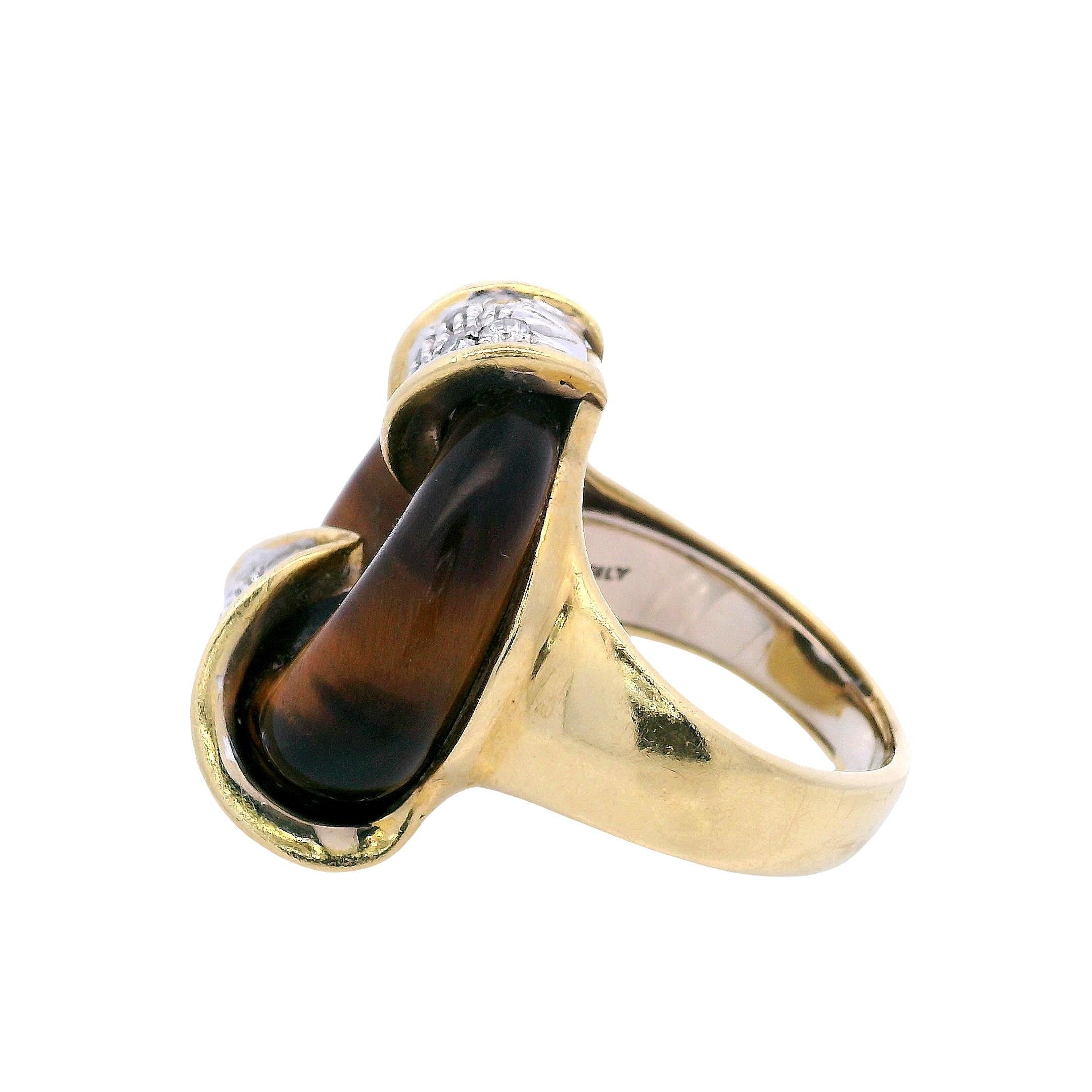Femenino o masculino Anillo de Ojo de Tigre y Diamante en Oro Amarillo de 18 K en venta