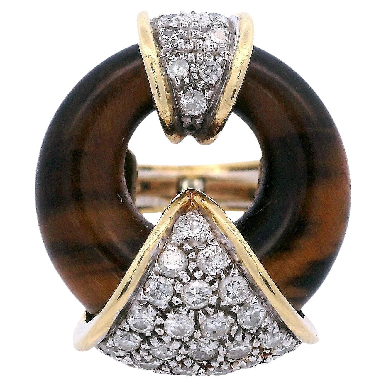 Anillo de Ojo de Tigre y Diamante en Oro Amarillo de 18 K en venta