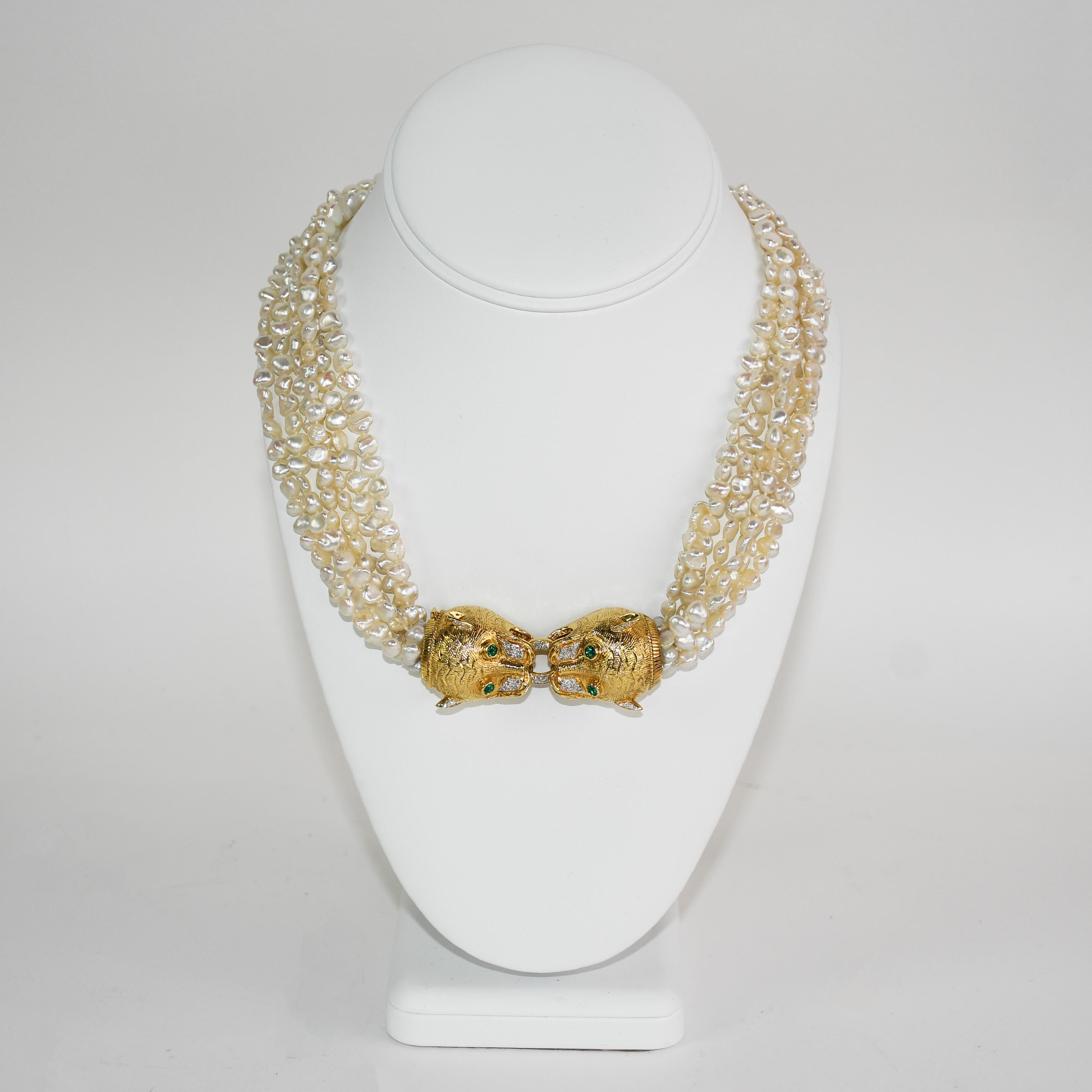 18K Yellow Gold Tiger Freshwater Pearl Necklace 159.8g For Sale 1