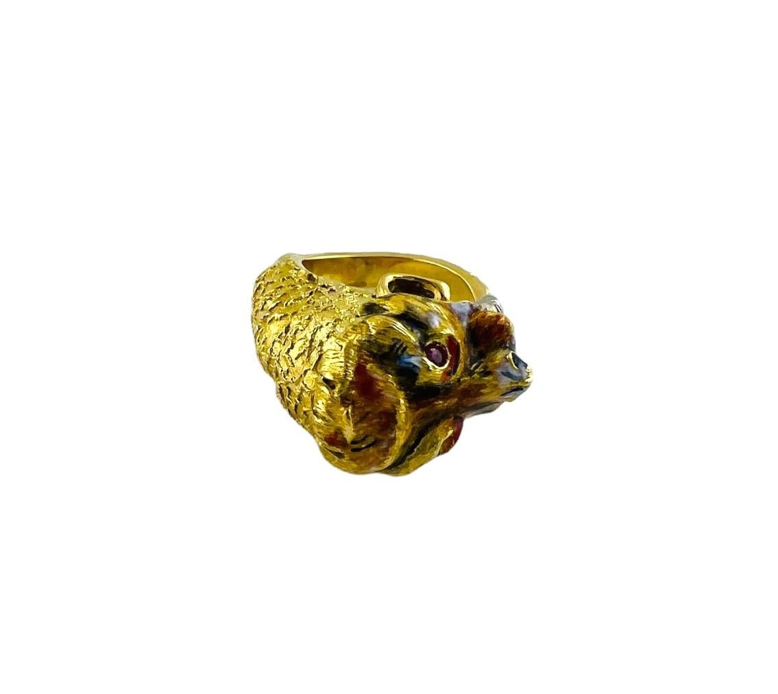 18k Yellow Gold Tiger Ring Diamond Tongue Ruby Eyes In Good Condition In Washington Depot, CT