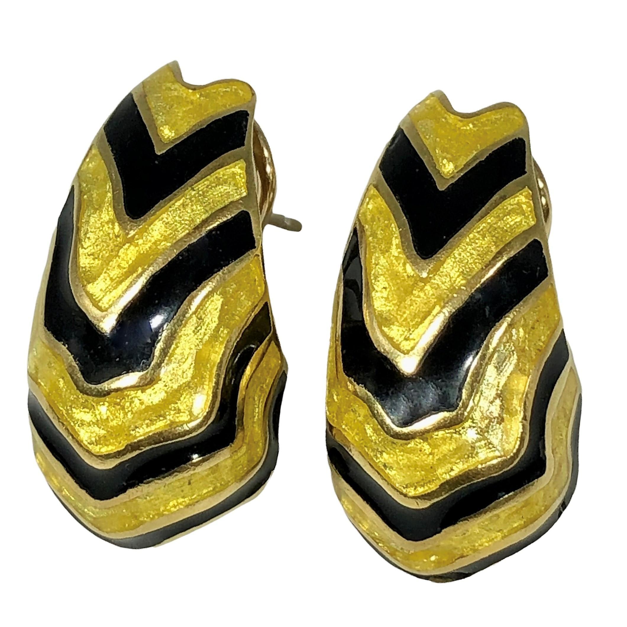 Modern 18K Yellow Gold Tiger Stripe Earrings with Black and Gold Enamel Stripes For Sale