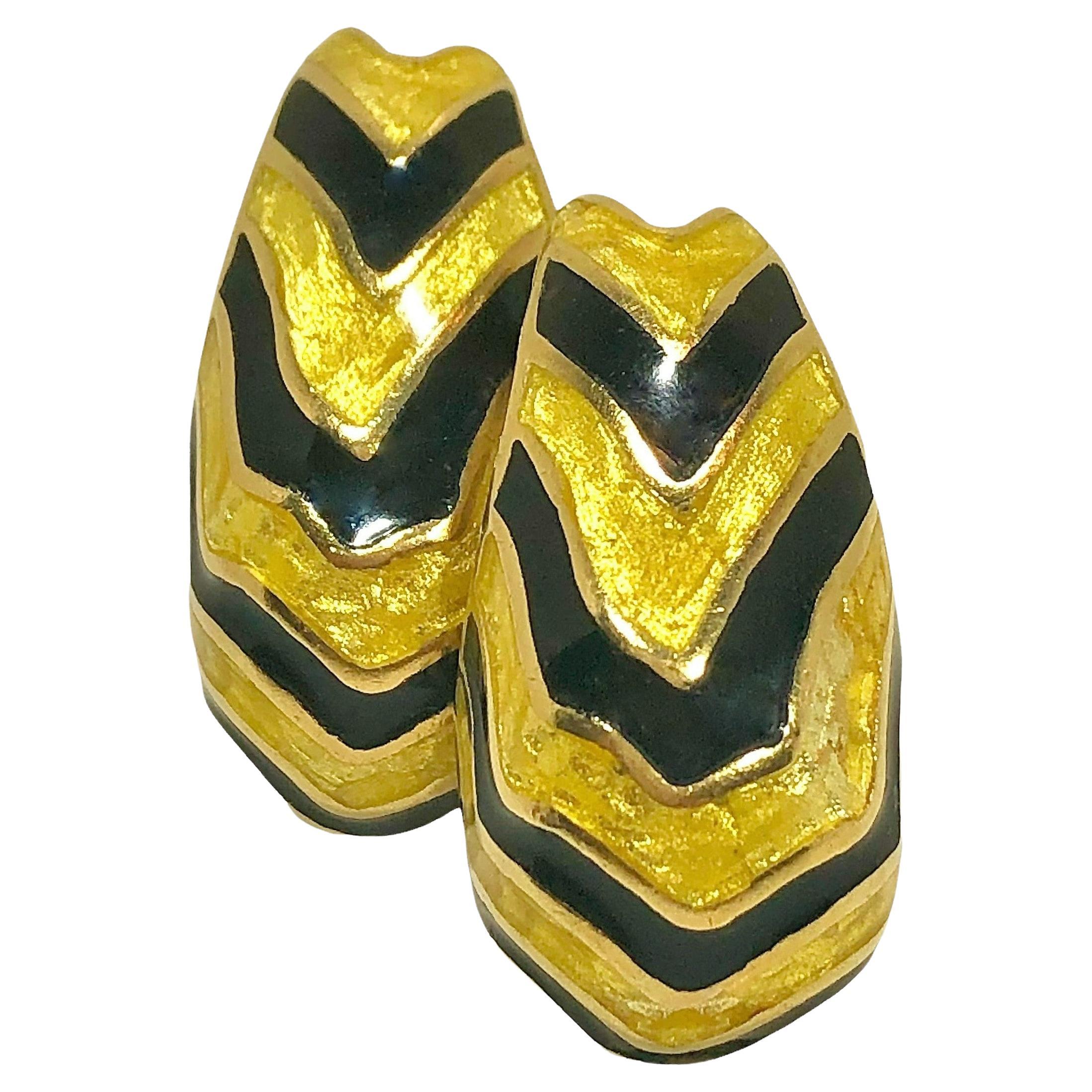 18K Yellow Gold Tiger Stripe Earrings with Black and Gold Enamel Stripes For Sale