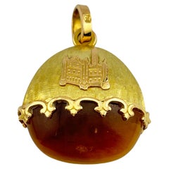 18k Yellow Gold & Tiger's Eye Pendant With Etched Castle Design