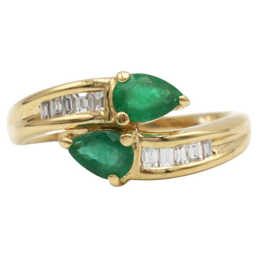 18K Yellow Gold Toi et Moi Pear-Shaped Emerald & Baguette Diamond Ring