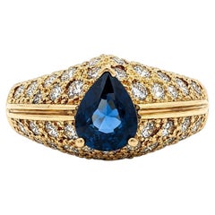 18k Yellow Gold Top Quality True Royal Blue Pear Sapphire Pave Diamond Ring