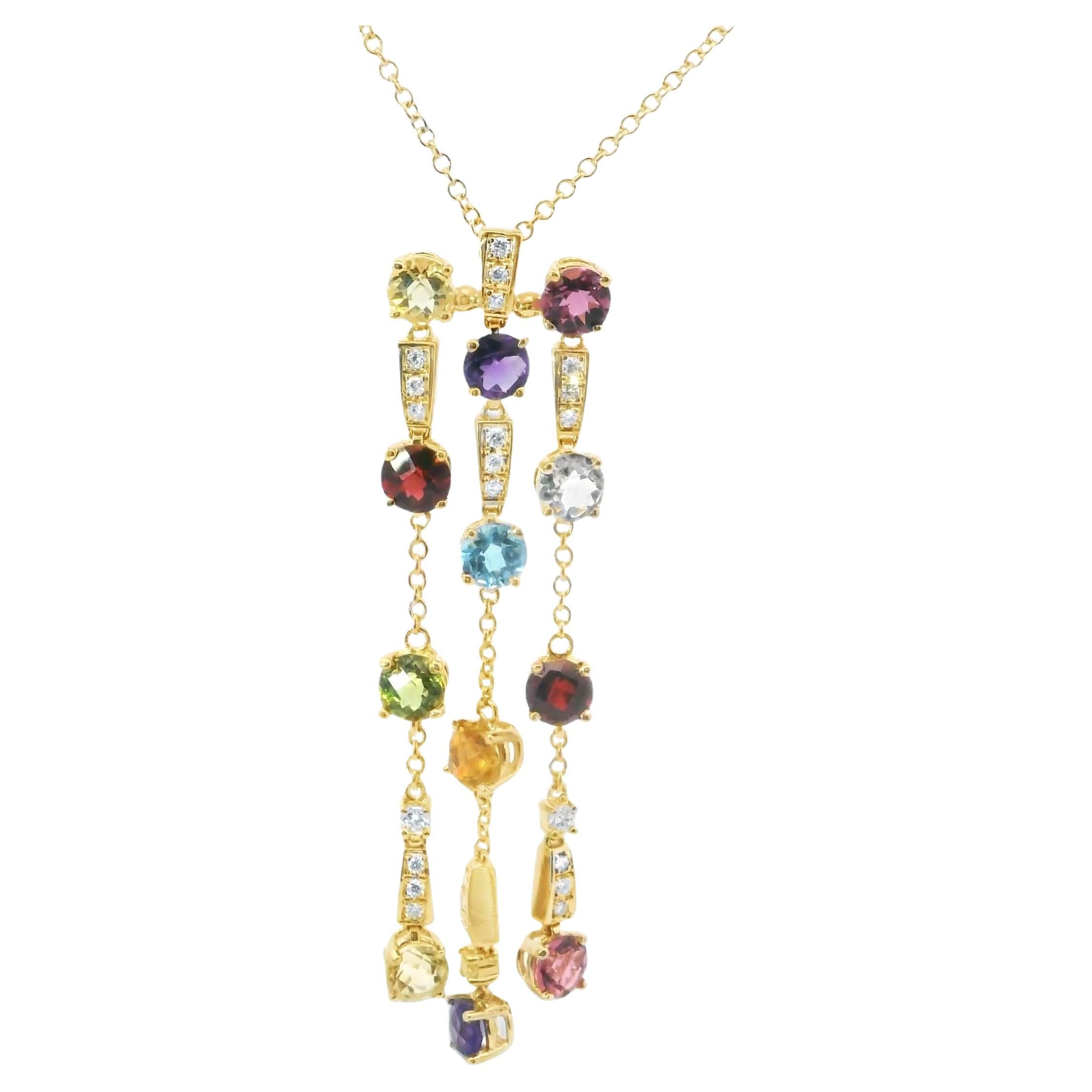 18K Yellow Gold Topaz Amethyst Citrine Peridot Diamond Dangle Pendant in vendita