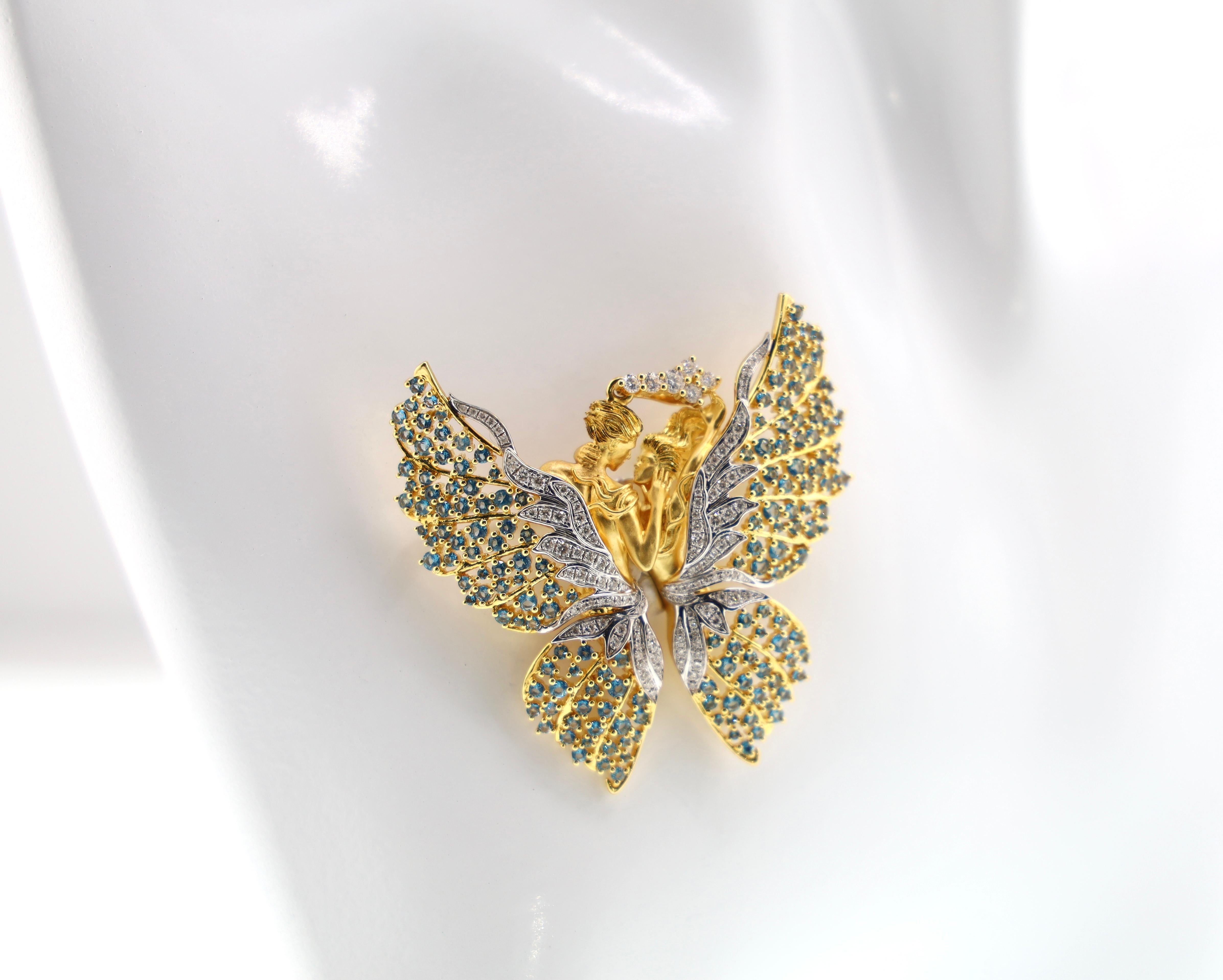 18K Yellow Gold Topaz & Natural Diamond Angel Brooch Pendant For Sale 5