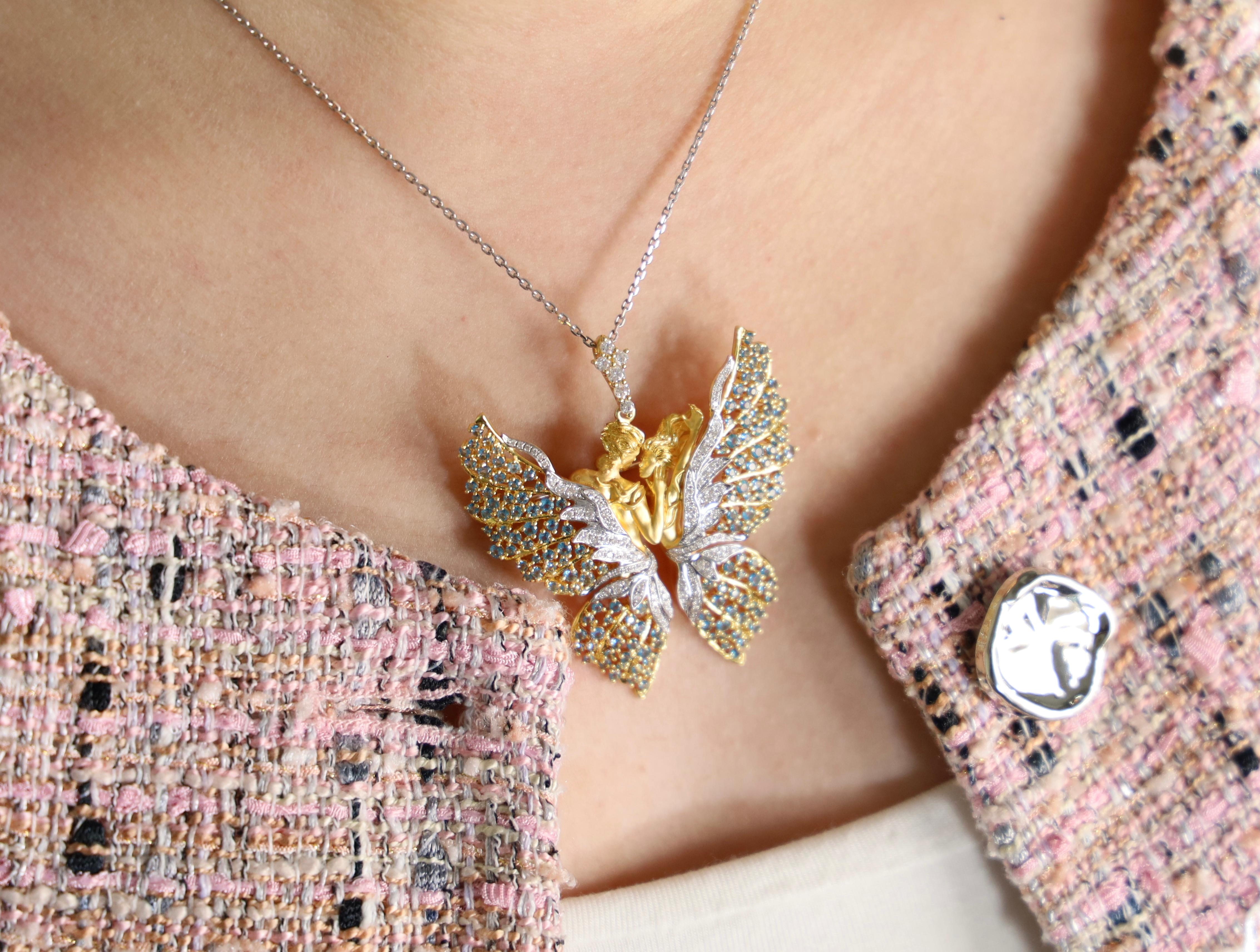 18K Yellow Gold Topaz & Natural Diamond Angel Brooch Pendant For Sale 6