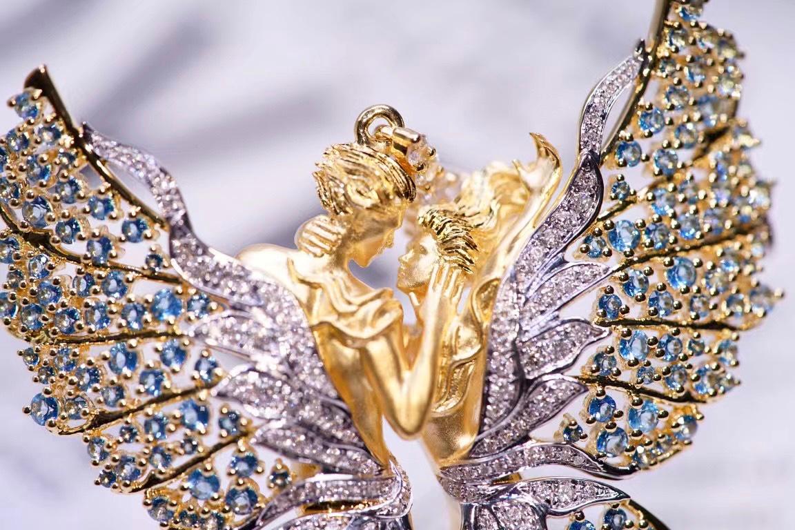 Modern 18K Yellow Gold Topaz & Natural Diamond Angel Brooch Pendant For Sale