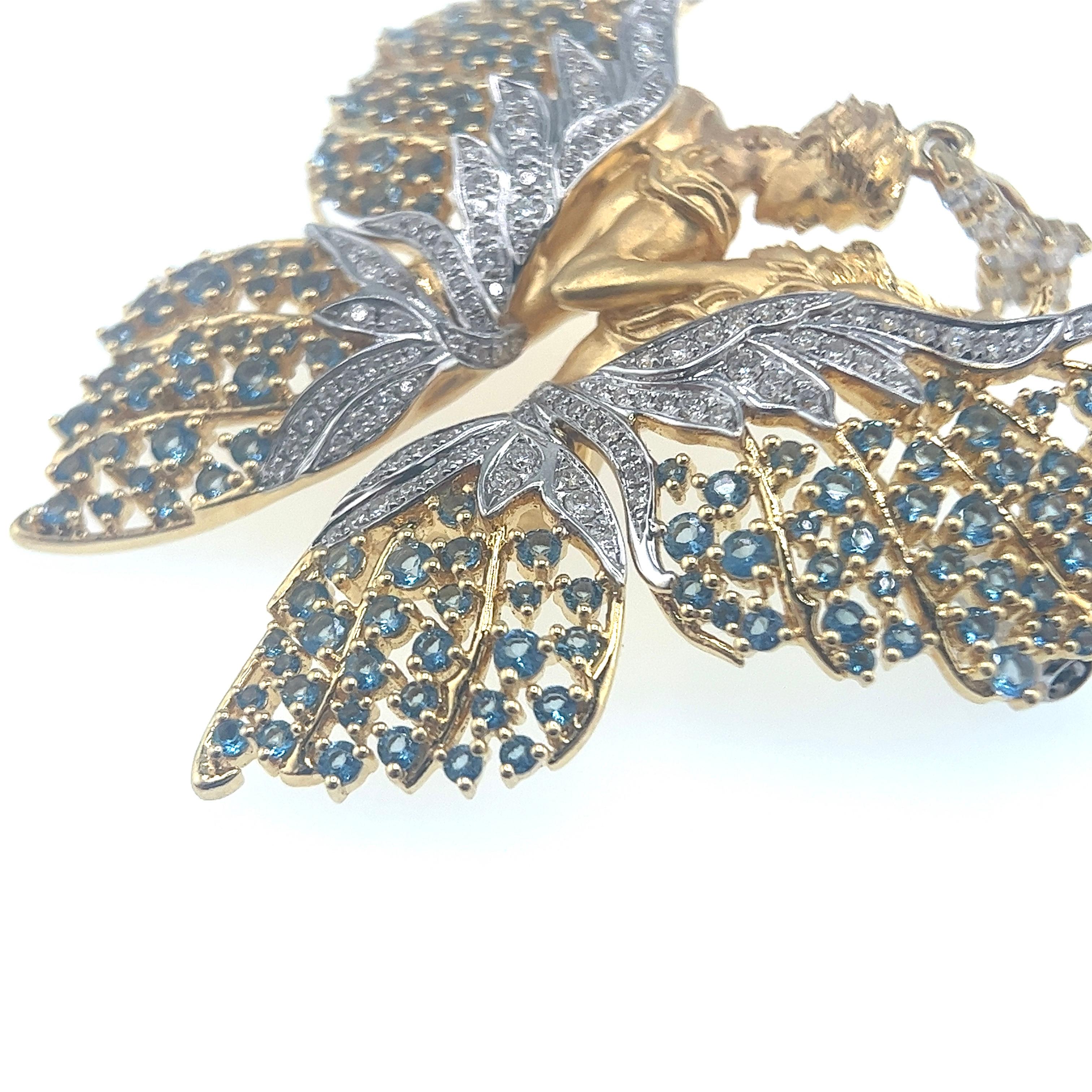 Women's or Men's 18K Yellow Gold Topaz & Natural Diamond Angel Brooch Pendant For Sale