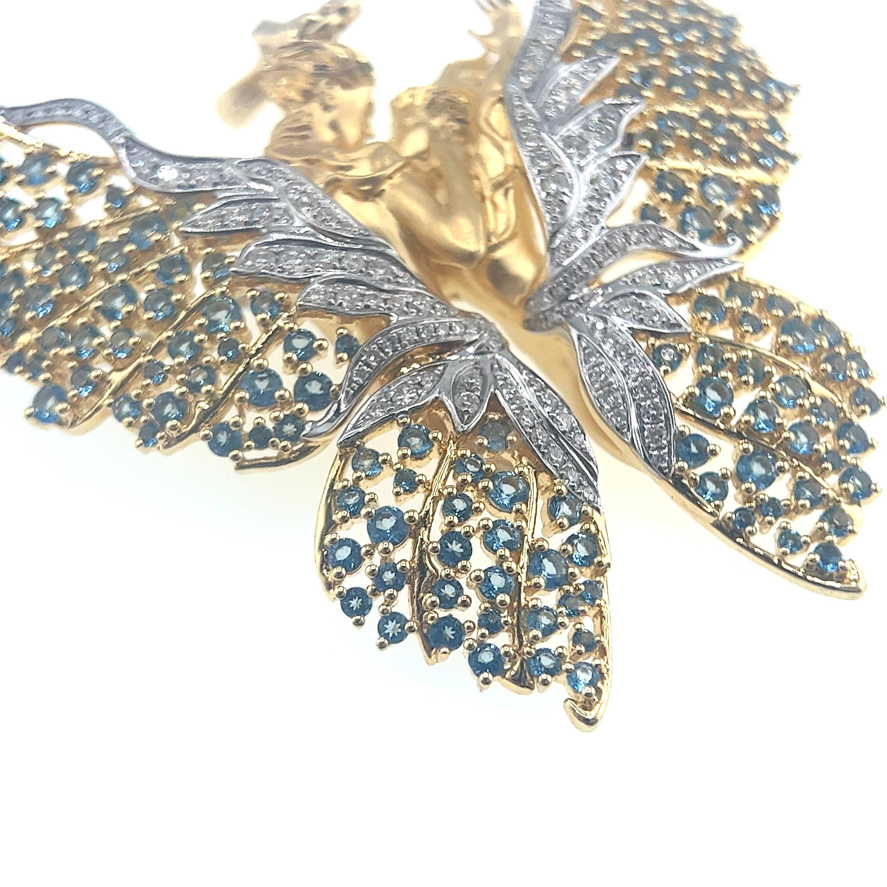 18K Yellow Gold Topaz & Natural Diamond Angel Brooch Pendant For Sale 1
