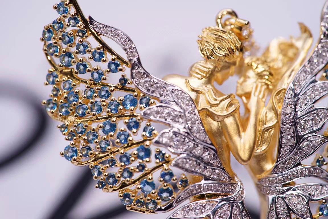 18K Yellow Gold Topaz & Natural Diamond Angel Brooch Pendant For Sale 3