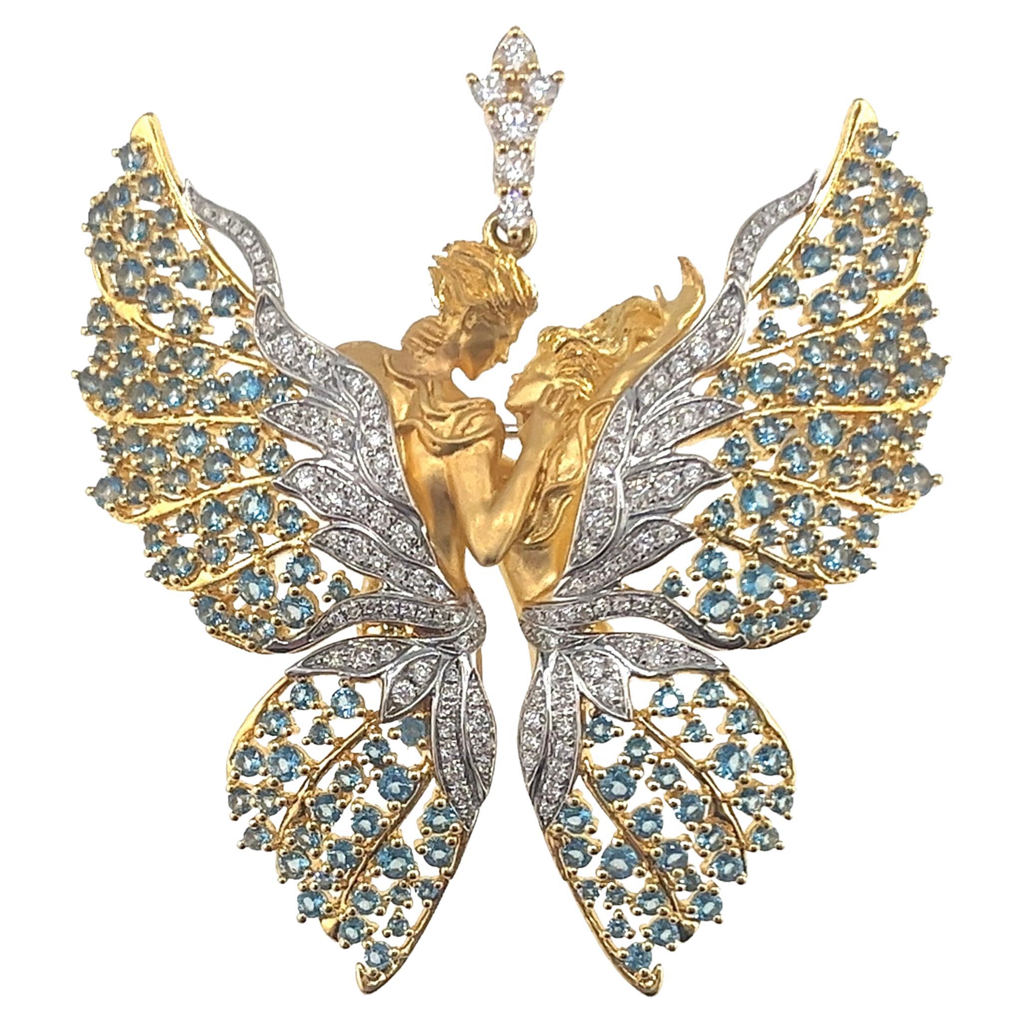 18K Yellow Gold Topaz & Natural Diamond Angel Brooch Pendant
