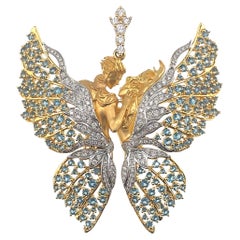 18K Yellow Gold Topaz & Natural Diamond Angel Brooch Pendant