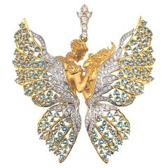 18K Yellow Gold Topaz & Natural Diamond Angel Brooch Pendant