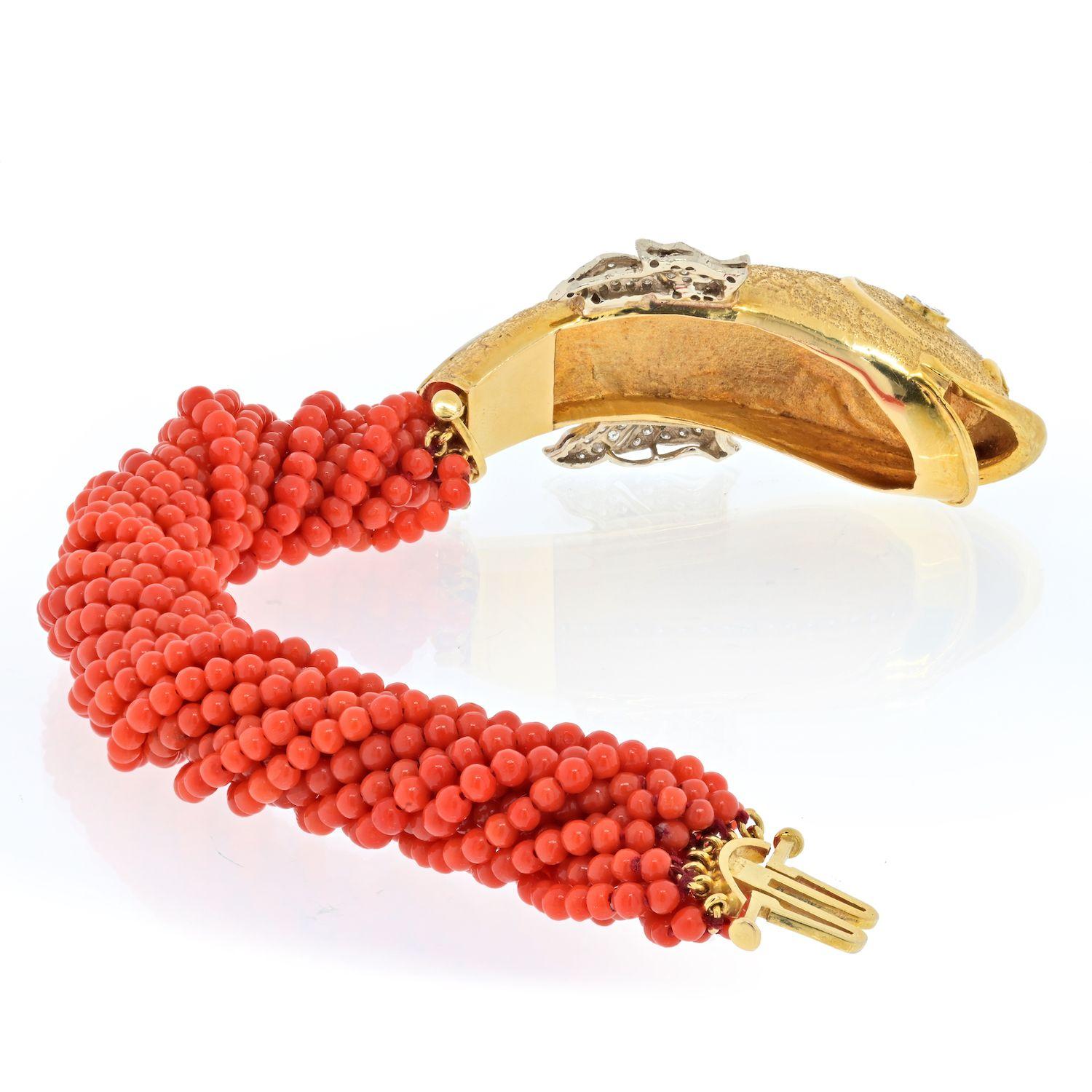 Women's 18K Yellow Gold Torsade Coral Strand Fish Bracelet