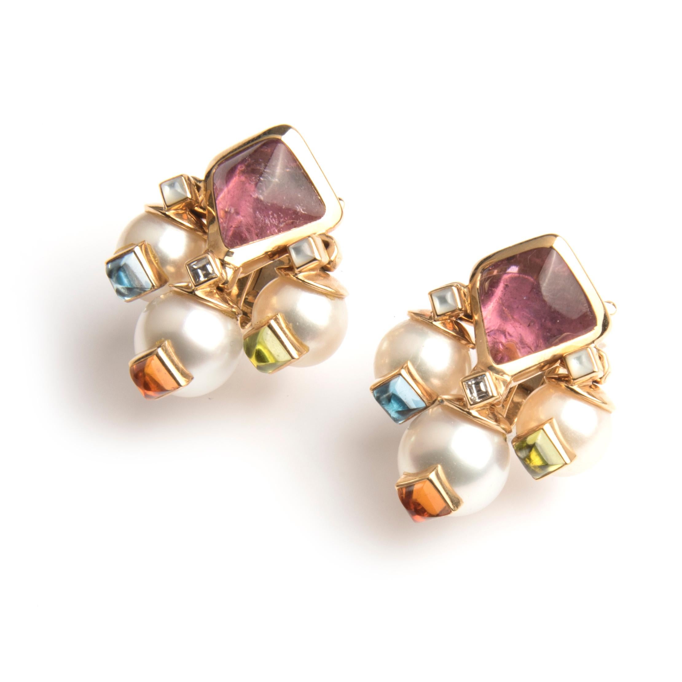Marina B 'Aquila' clip earrings,  18k yellow gol¬¬d, each with a pink tourmaline, a diamond and tree suspended cultured pearls set with Russian quartz.
Signed Marina B,  makers mark, Italian hallmarks, numbered C3105 and C3130
Circa 1995
