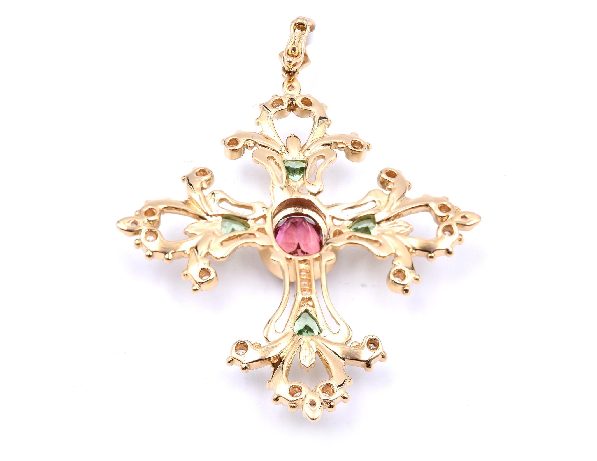 18 Karat Yellow Gold Tourmaline and Diamond Cross Pendant In Excellent Condition In Scottsdale, AZ