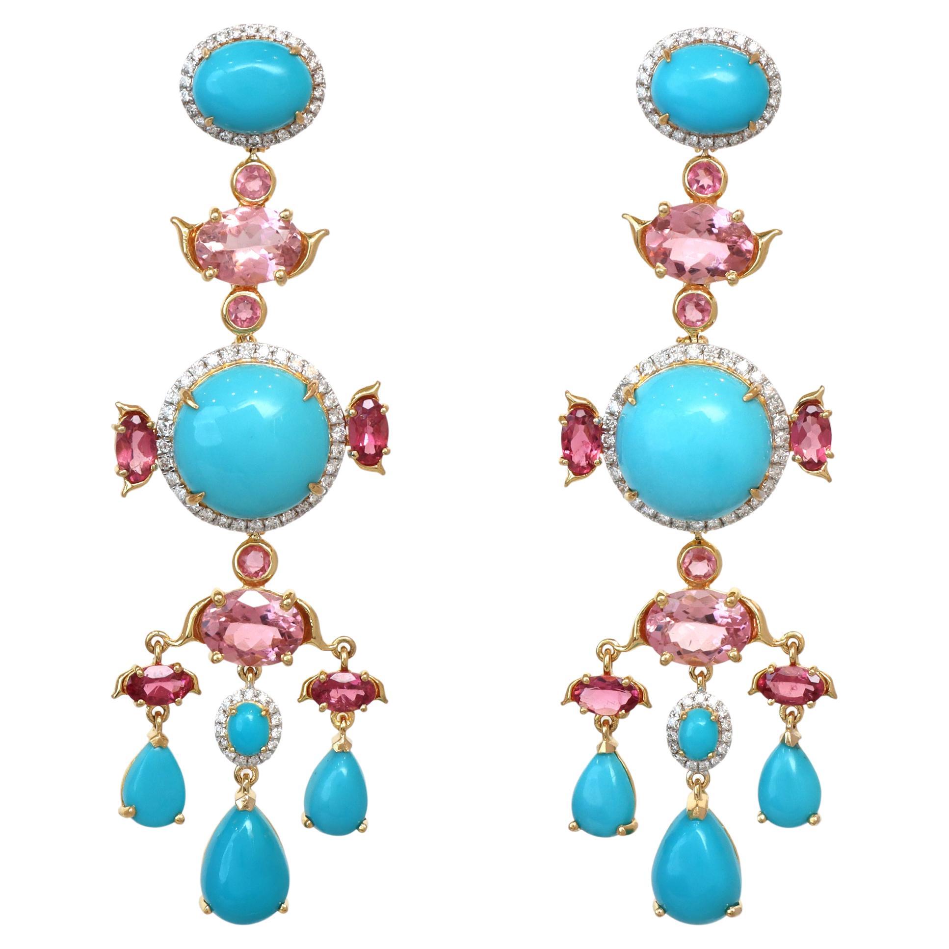 Pendientes Para Ella De Turmalina Y Turquesa En Oro Amarillo 18k, Pendientes Colgantes