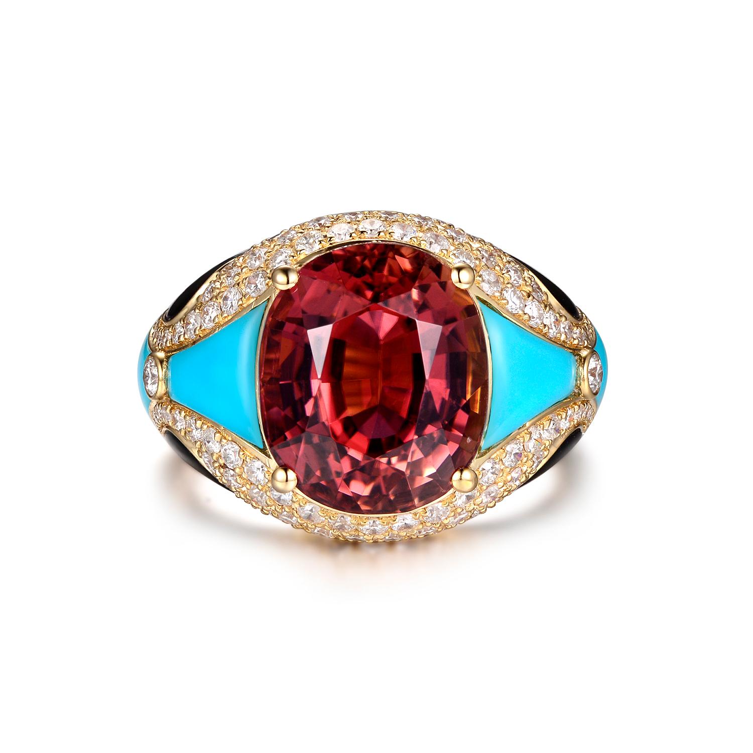 This ring features a 7.04 carats of pink tourmaline, it demonstrate a slight purple hue in the stone. Assented with 0.95 carats of diamonds. Turquoise and Onyx are handcrafted in geometrical shape and hand set into the 18 karat yellow gold