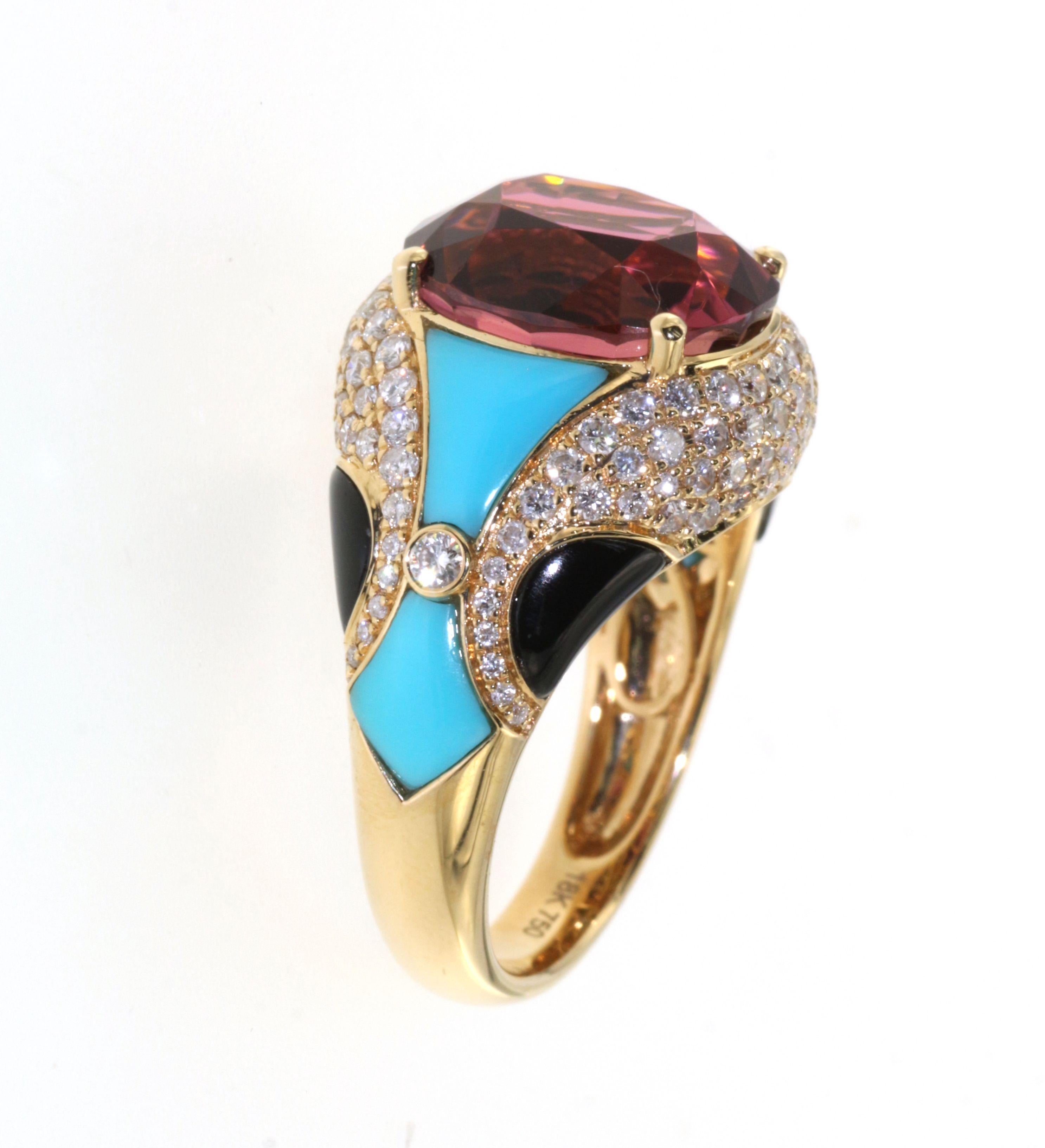 Contemporary Pink Tourmaline Onyx Turquoise Diamond Cocktail Ring in 18 Karat Yellow Gold